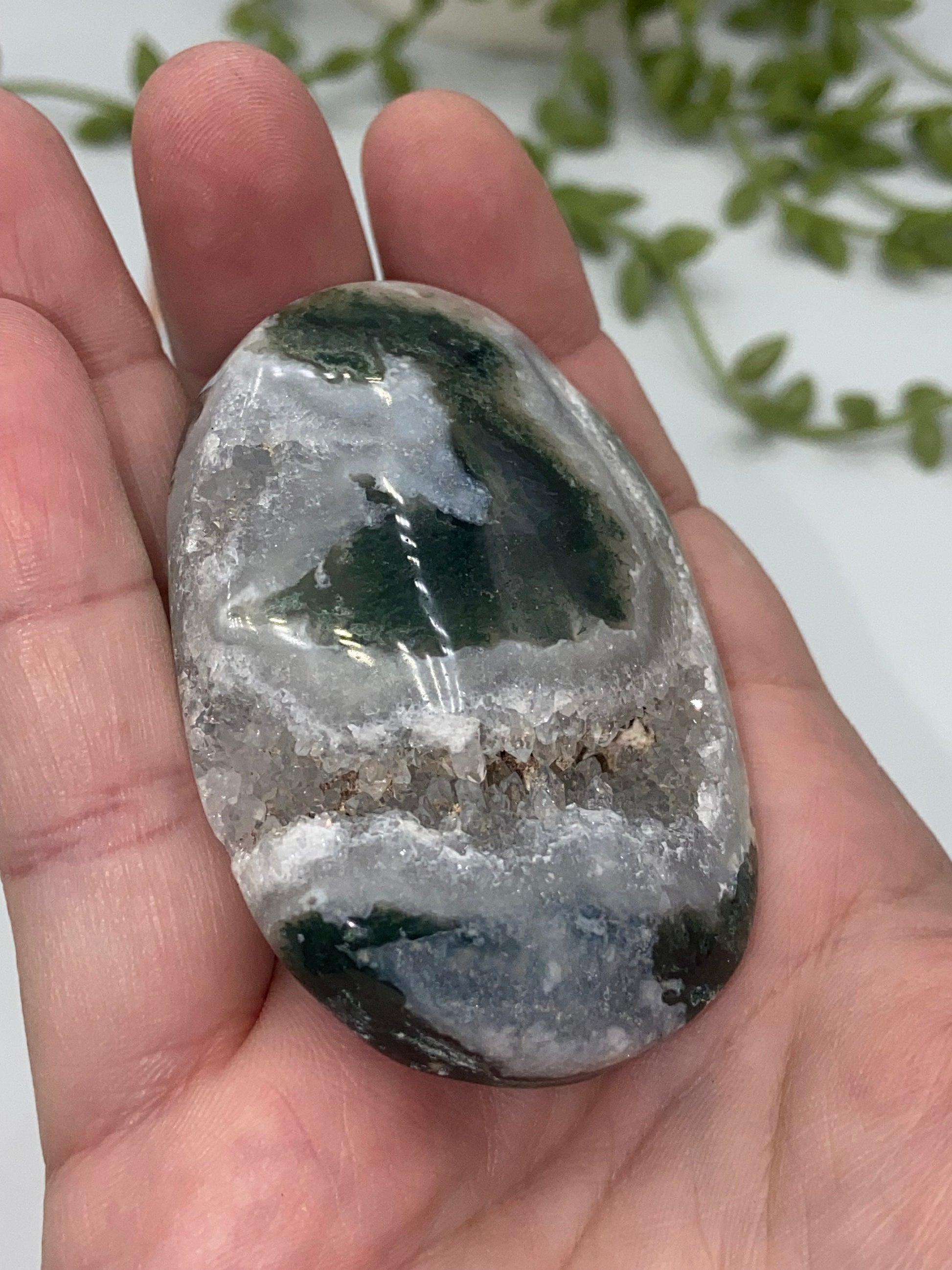 Dark Green Moss Agate Druzy Palm Stone (A) Worry stone, Mocha stone, quartz inclusions