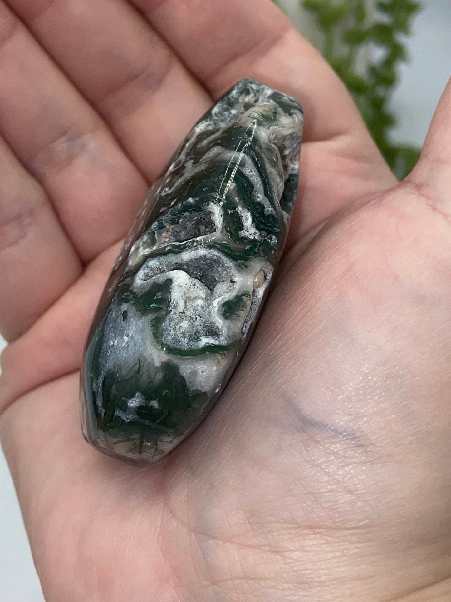 Dark Green Moss Agate Druzy Palm Stone (B) Worry stone, Mocha stone, quartz inclusions