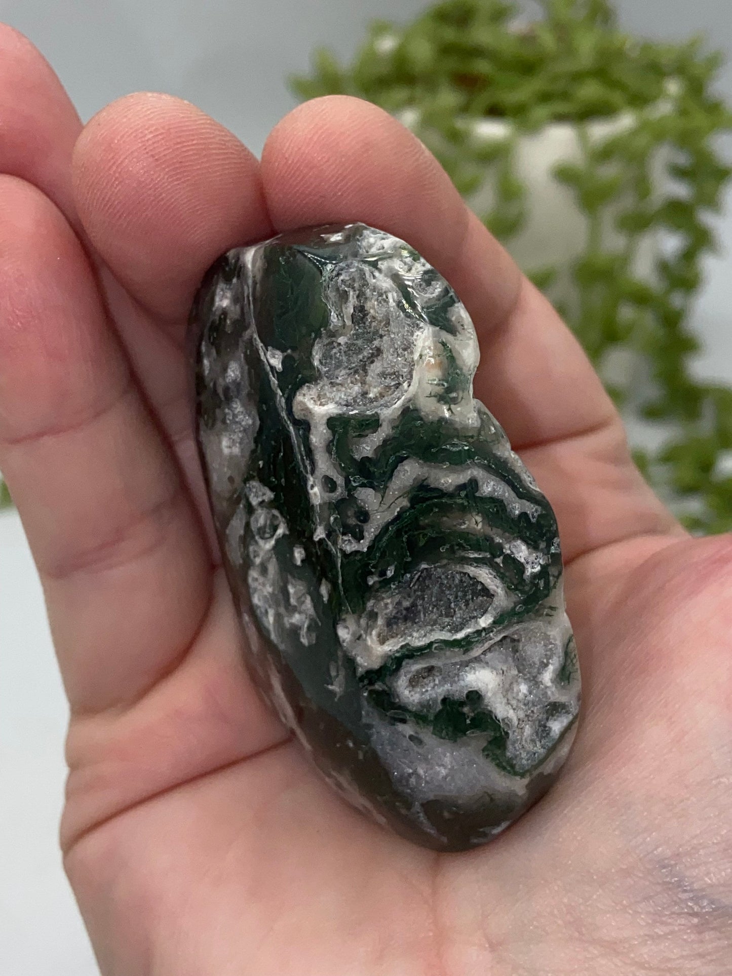 Dark Green Moss Agate Druzy Palm Stone (B) Worry stone, Mocha stone, quartz inclusions