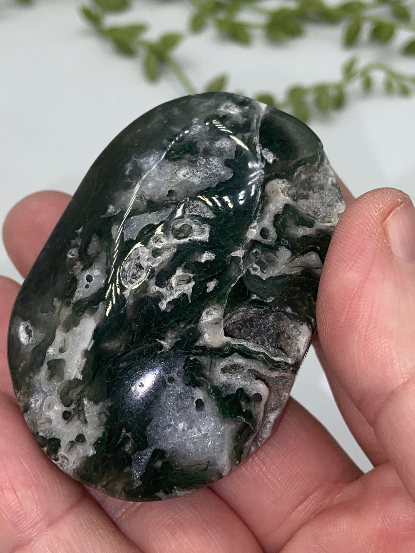 Dark Green Moss Agate Druzy Palm Stone (B) Worry stone, Mocha stone, quartz inclusions