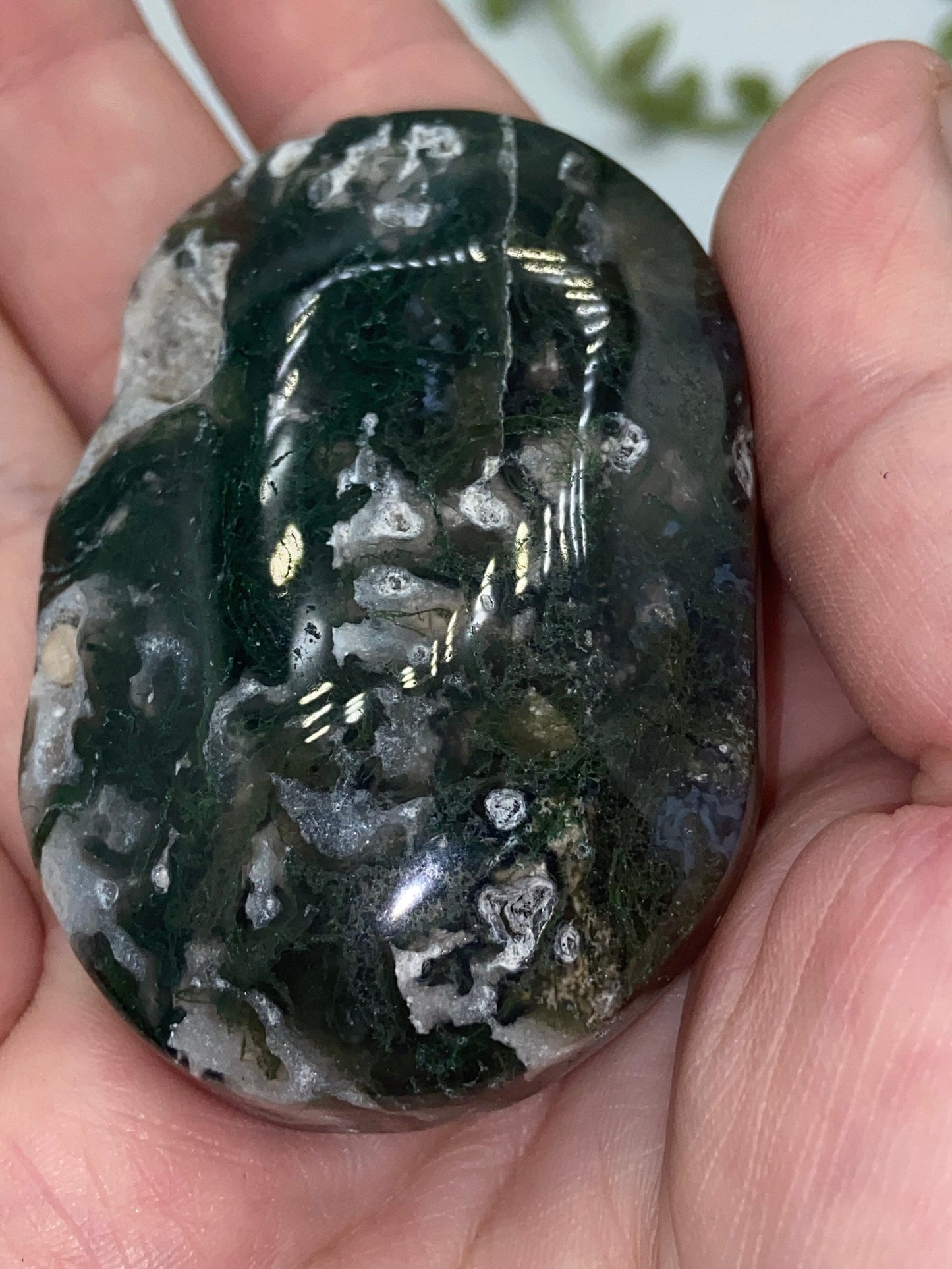 Dark Green Moss Agate Druzy Palm Stone (B) Worry stone, Mocha stone, quartz inclusions