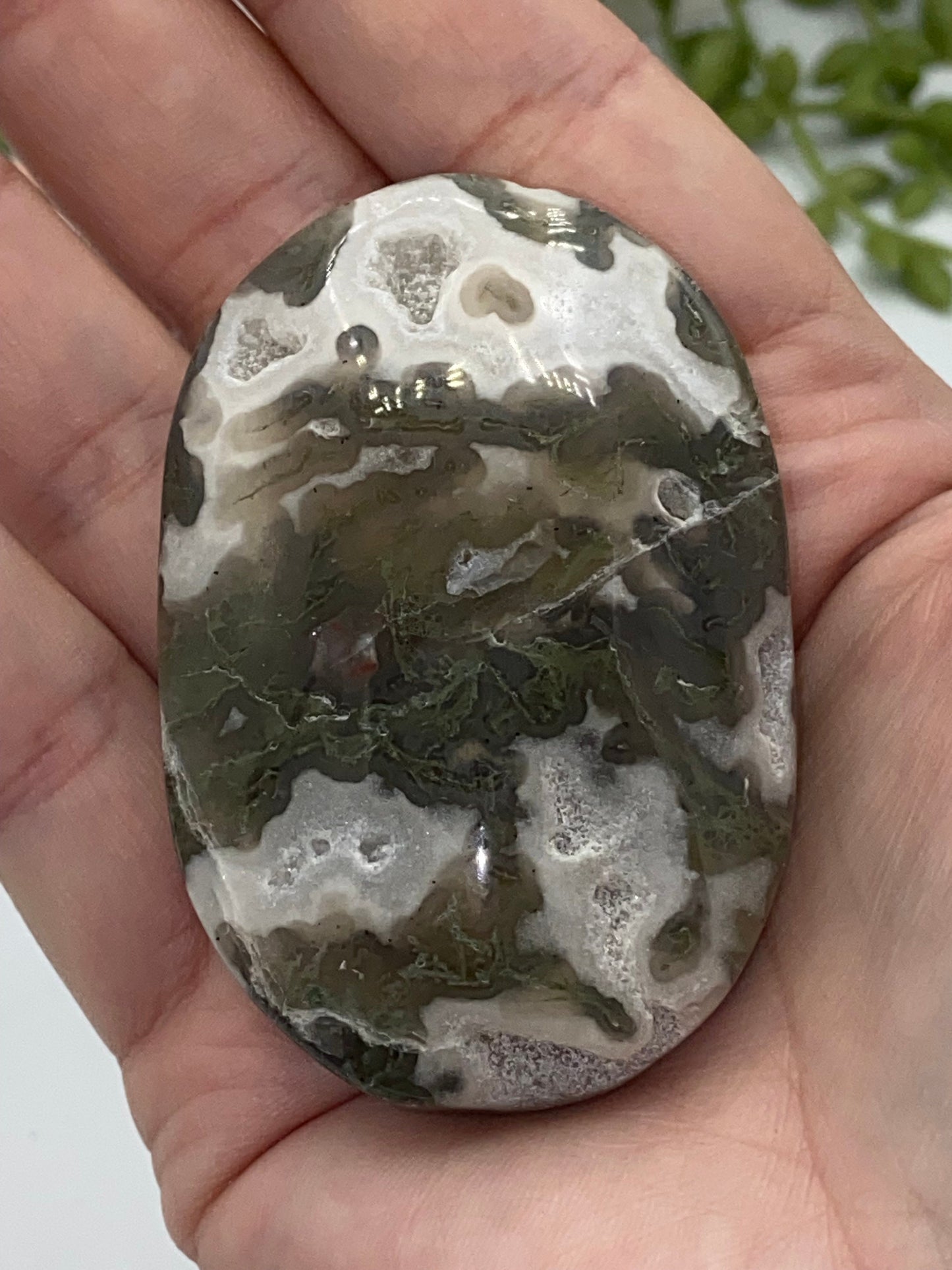 Dark Green Moss Agate Druzy Palm Stone (C) Worry stone, Mocha stone, quartz inclusions