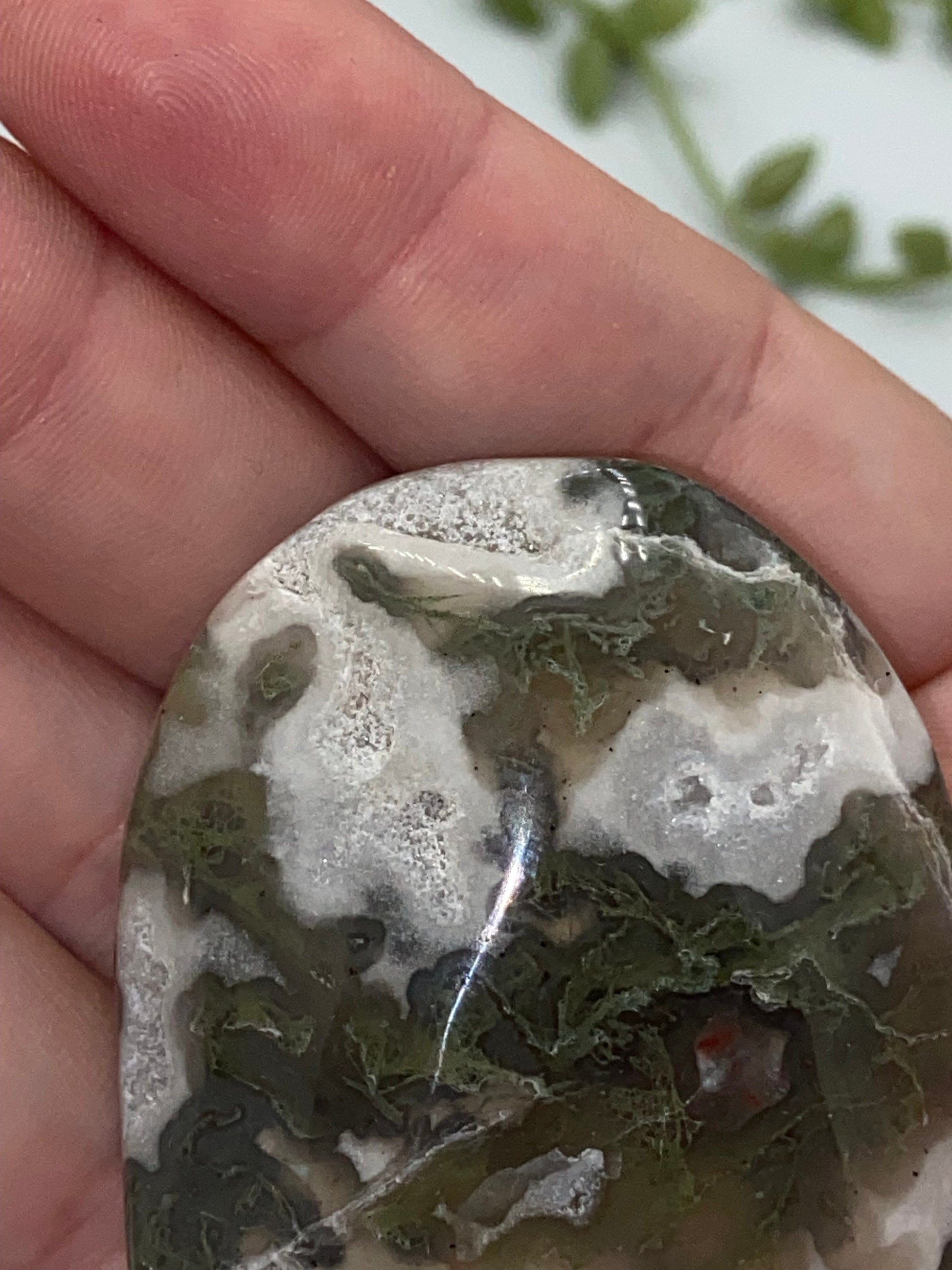 Dark Green Moss Agate Druzy Palm Stone (C) Worry stone, Mocha stone, quartz inclusions