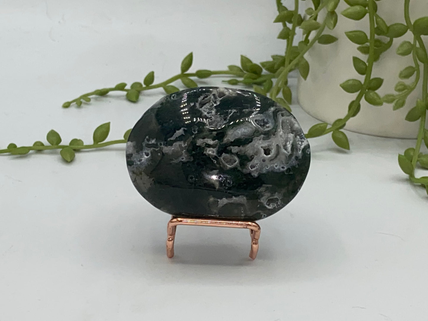 Dark Green Moss Agate Druzy Palm Stone (D) Worry stone, Mocha stone, quartz inclusions