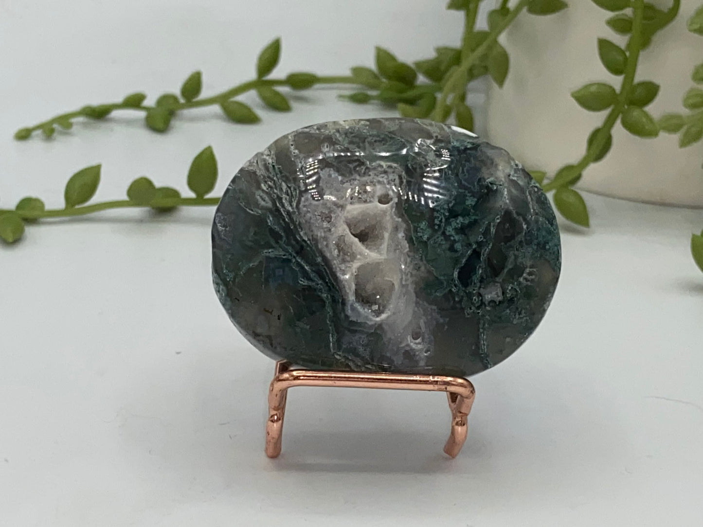 Dark Green Moss Agate Druzy Palm Stone (F) Worry stone, Mocha stone, quartz inclusions