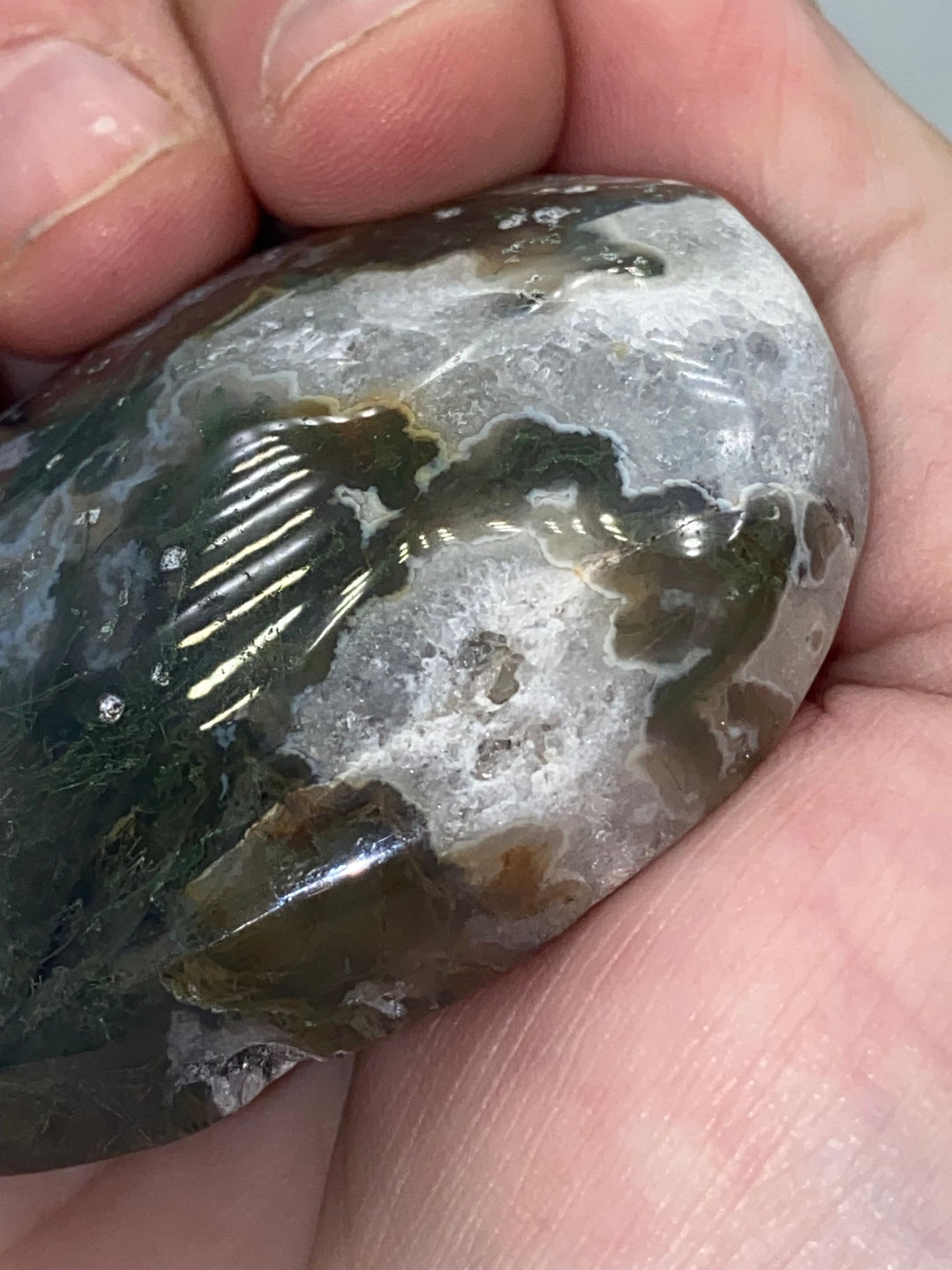 Dark Green Moss Agate Druzy Palm Stone (G) Worry stone, Mocha stone, quartz inclusions