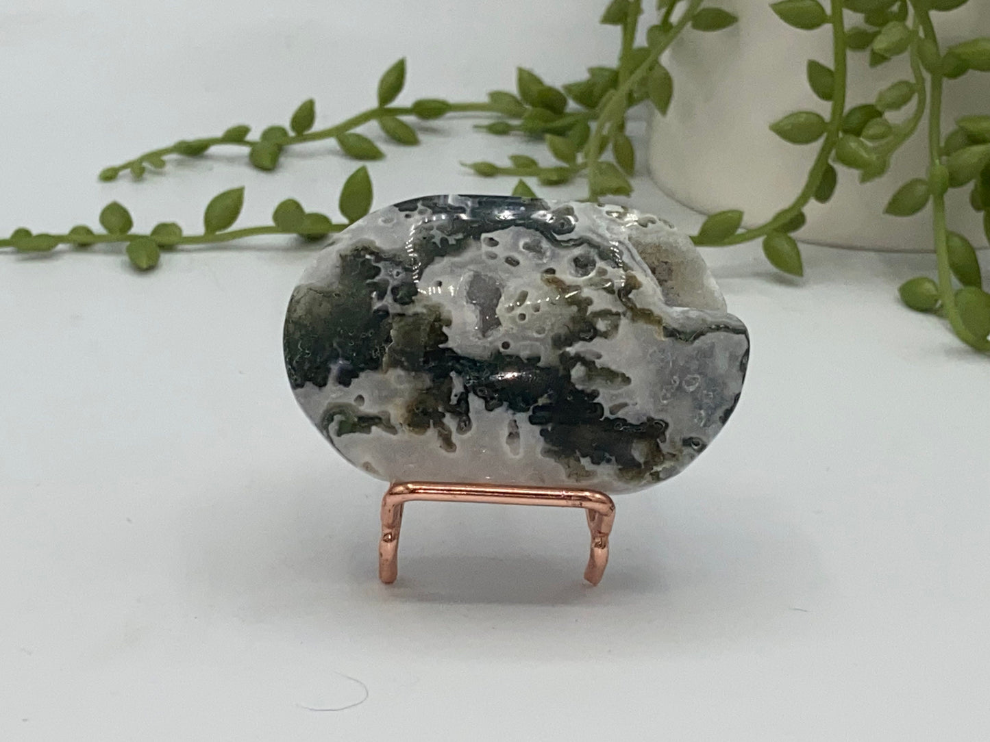 Light White With Green Moss Agate Druzy Palm Stone (B) Worry stone, Mocha stone, quartz inclusions