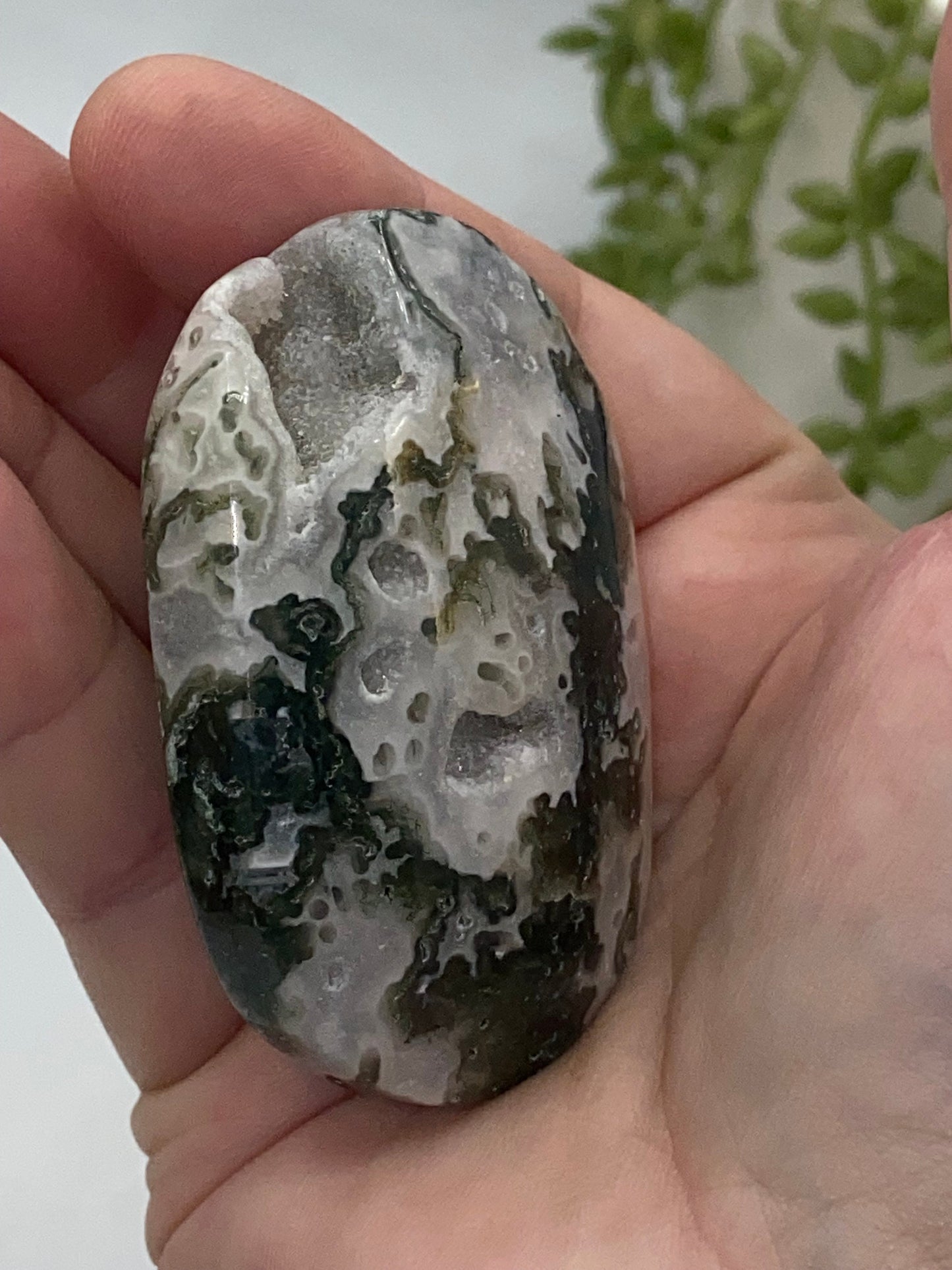 Light White With Green Moss Agate Druzy Palm Stone (B) Worry stone, Mocha stone, quartz inclusions