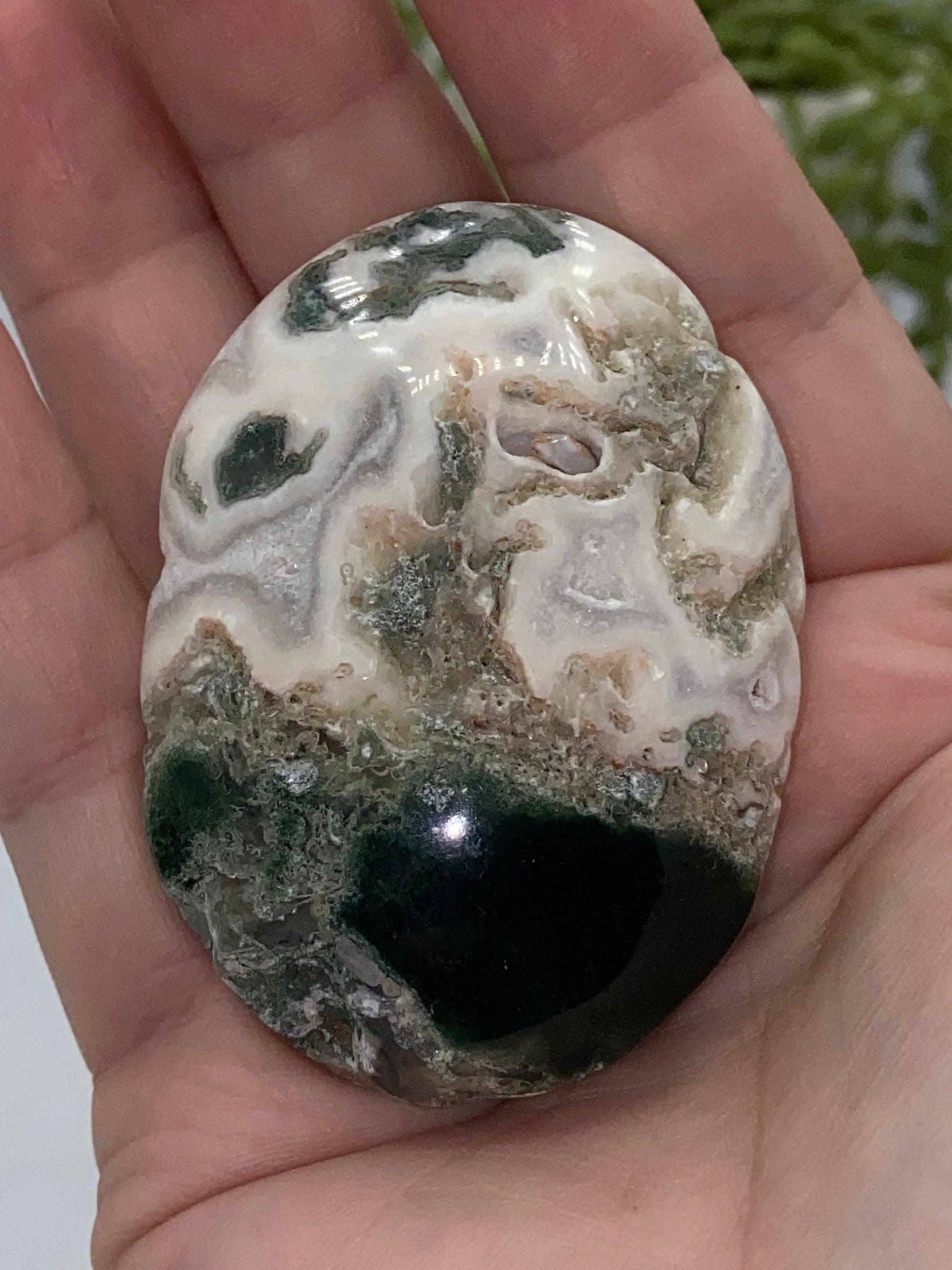 Light White With Green Moss Agate Druzy Palm Stone (F) Worry stone, Mocha stone, quartz inclusions