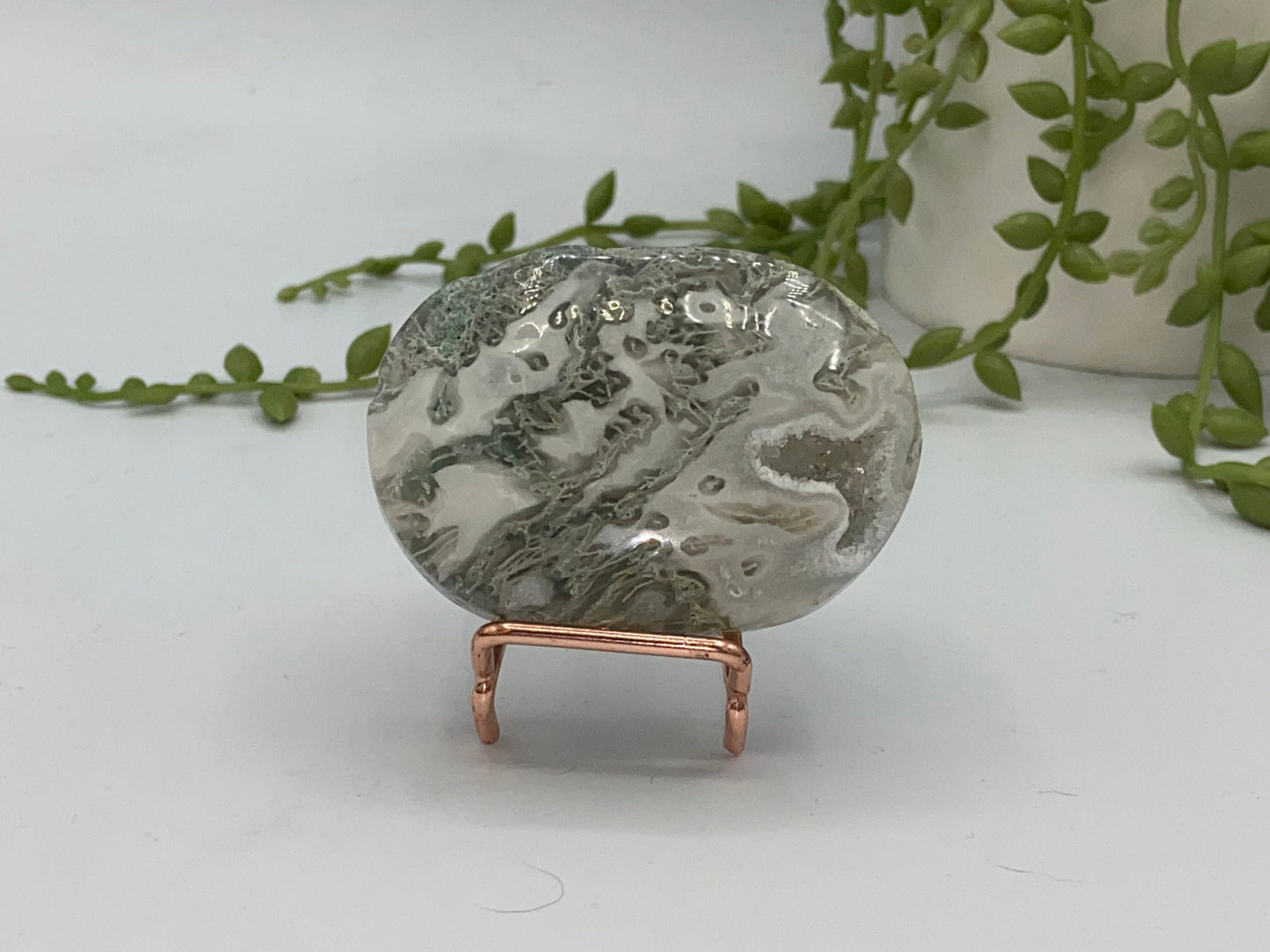 Light White With Green Moss Agate Druzy Palm Stone (H) Worry stone, Mocha stone, quartz inclusions