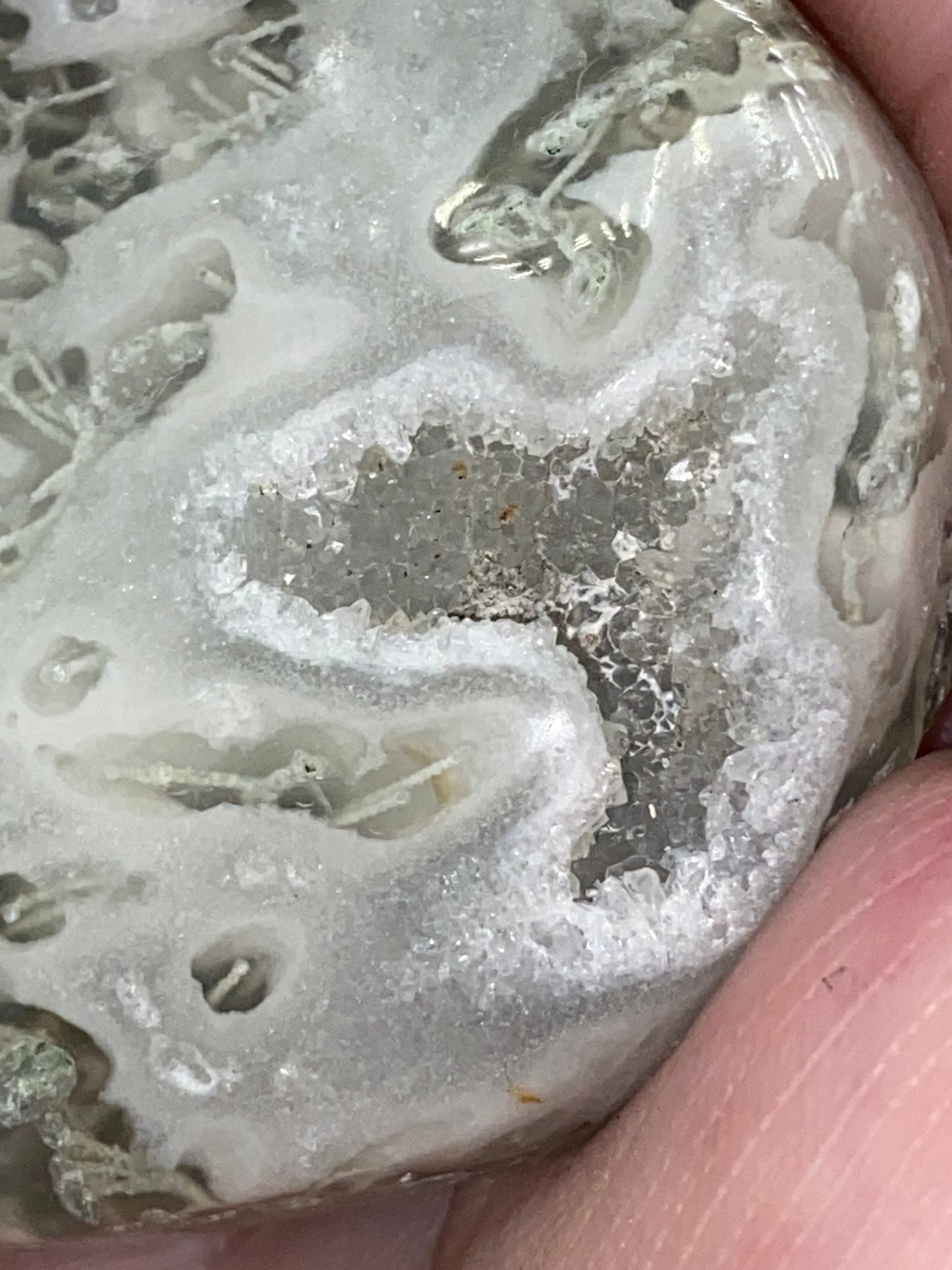 Light White With Green Moss Agate Druzy Palm Stone (H) Worry stone, Mocha stone, quartz inclusions