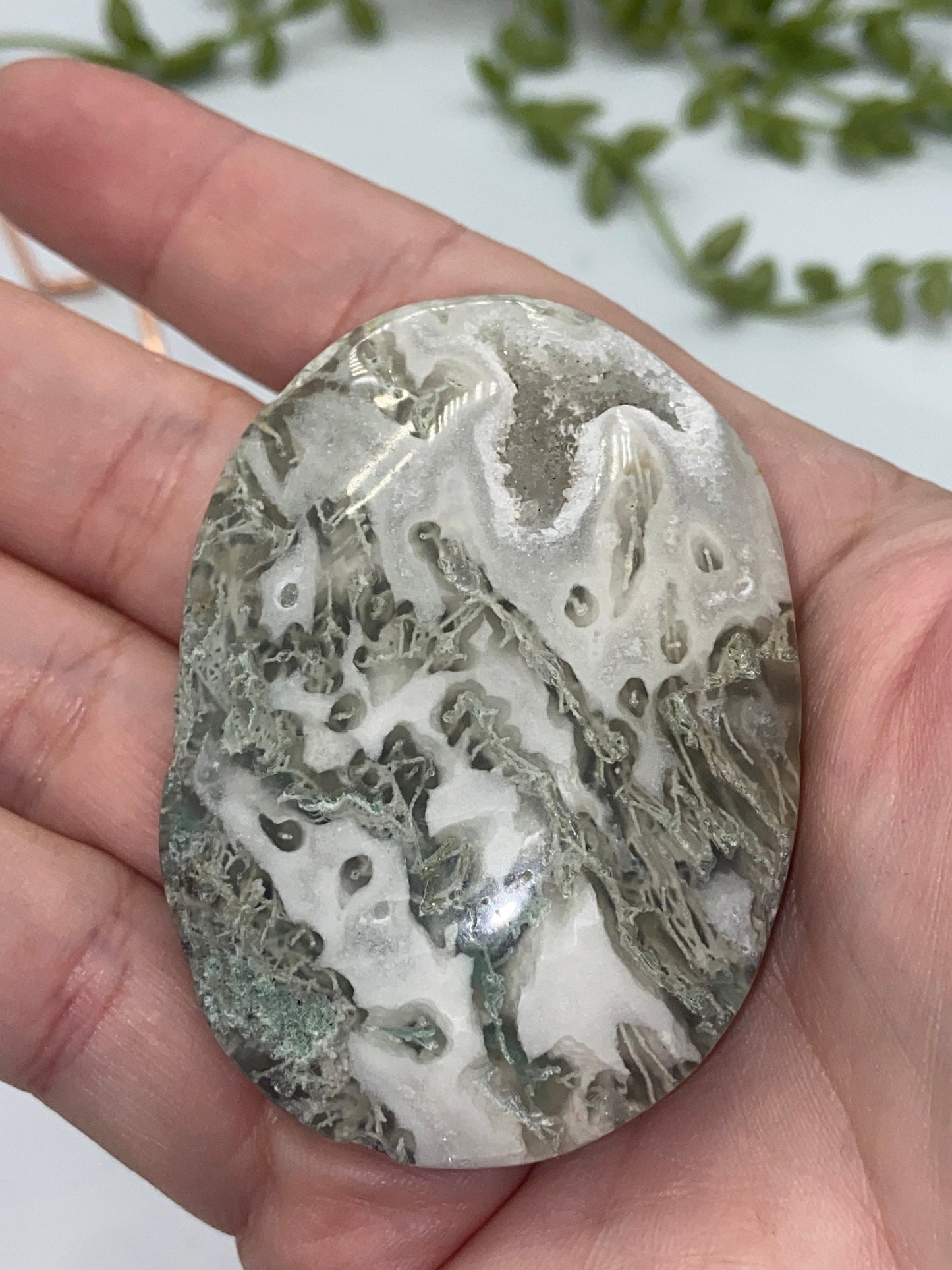 Light White With Green Moss Agate Druzy Palm Stone (H) Worry stone, Mocha stone, quartz inclusions