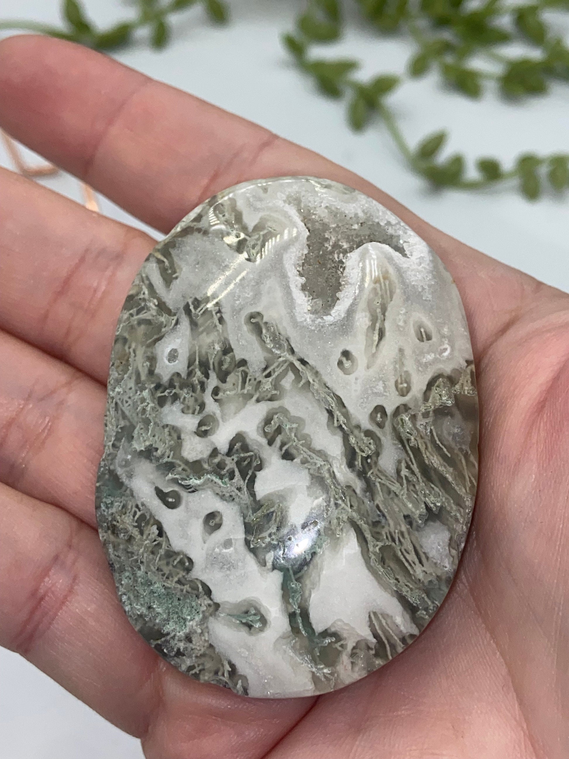 Light White With Green Moss Agate Druzy Palm Stone (H) Worry stone, Mocha stone, quartz inclusions