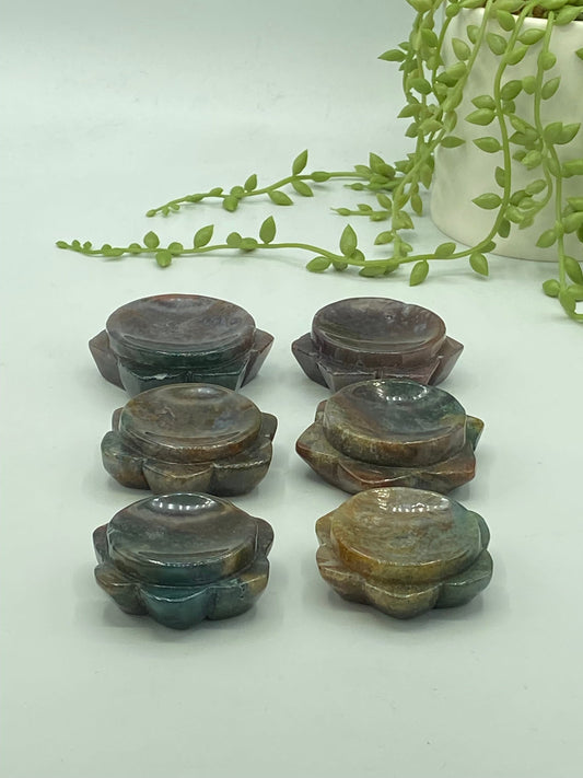 Moss Agate trinket dish/sphere stand, Crystal sphere stand/dish, red, blue, gold, green moss agate, pick your favourite