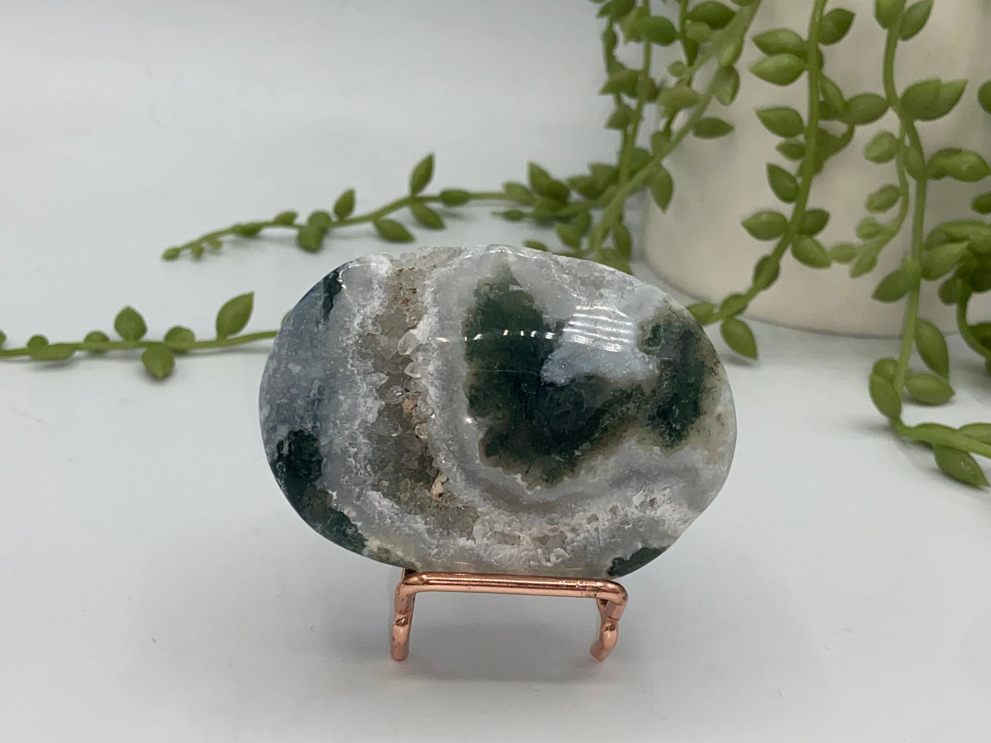 Dark Green Moss Agate Druzy Palm Stone (A) Worry stone, Mocha stone, quartz inclusions