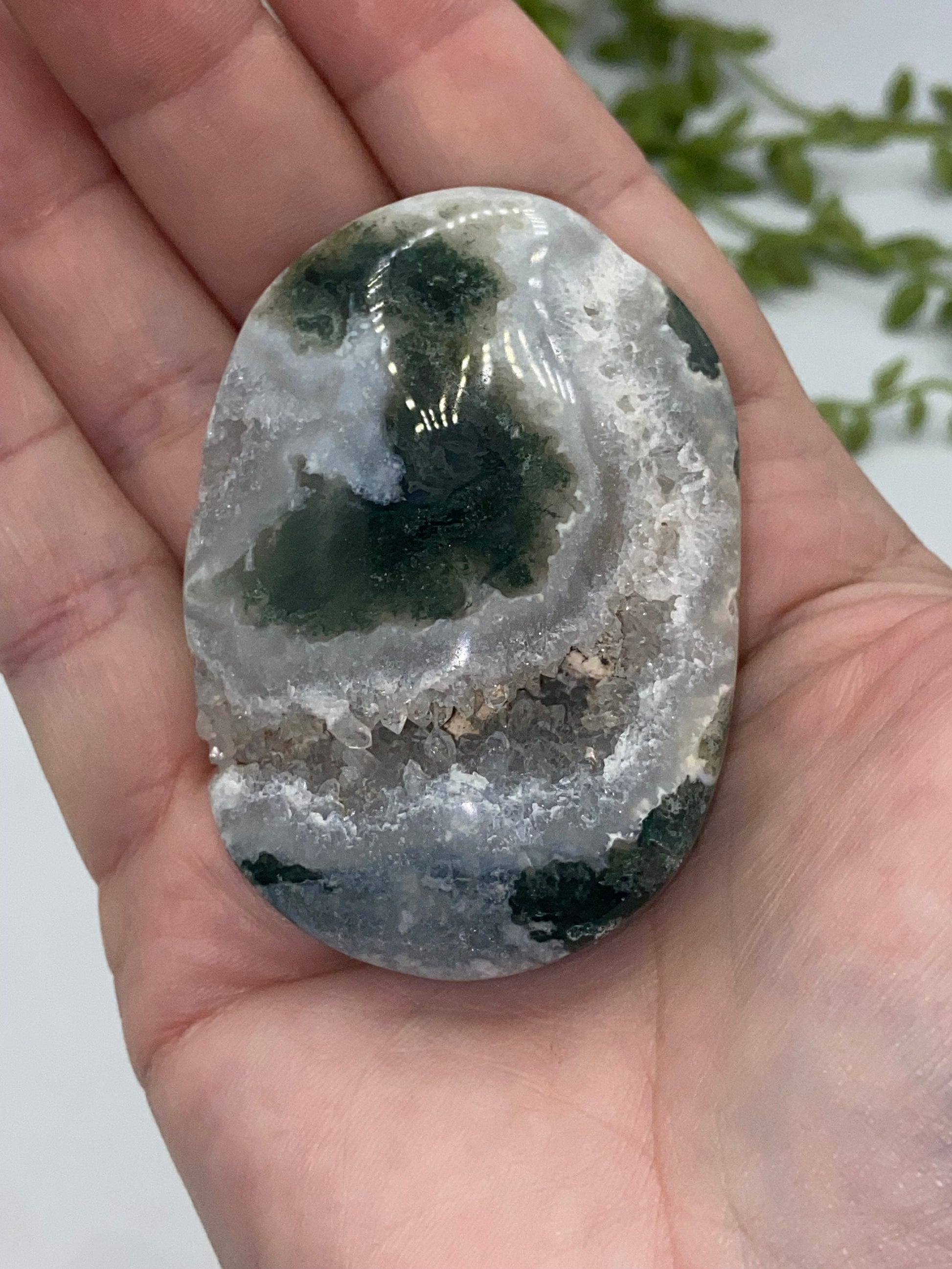 Dark Green Moss Agate Druzy Palm Stone (A) Worry stone, Mocha stone, quartz inclusions