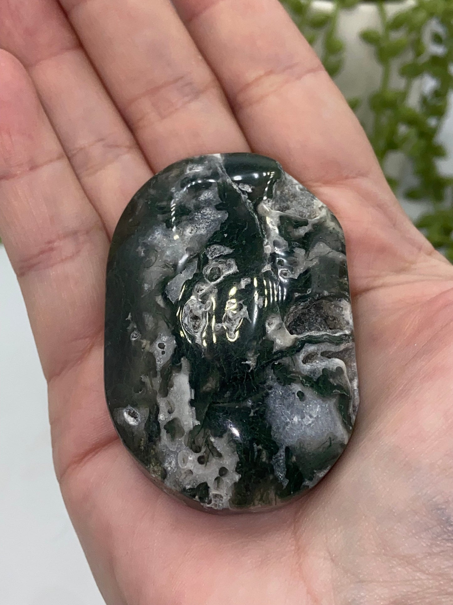 Dark Green Moss Agate Druzy Palm Stone (B) Worry stone, Mocha stone, quartz inclusions