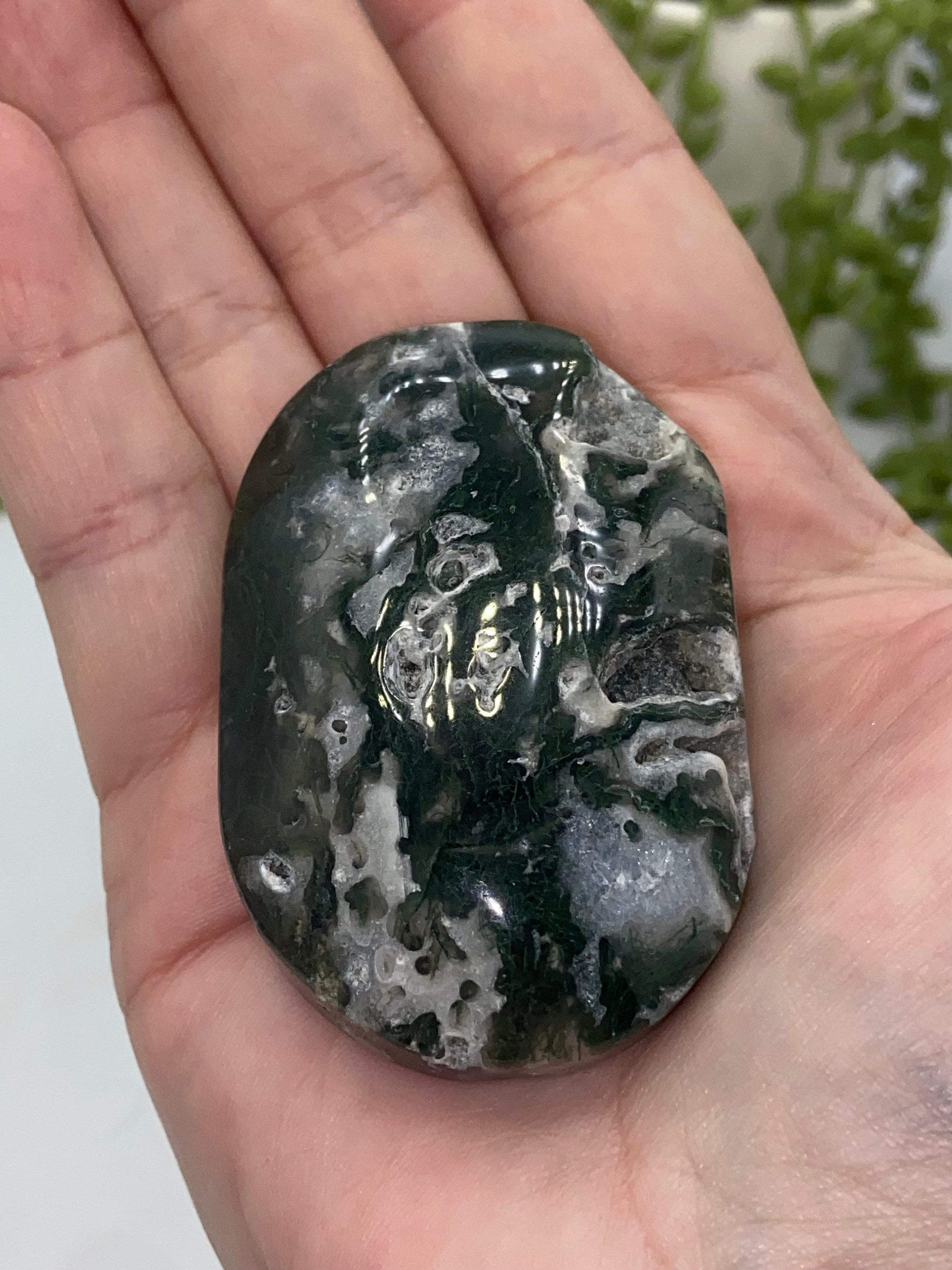 Dark Green Moss Agate Druzy Palm Stone (B) Worry stone, Mocha stone, quartz inclusions