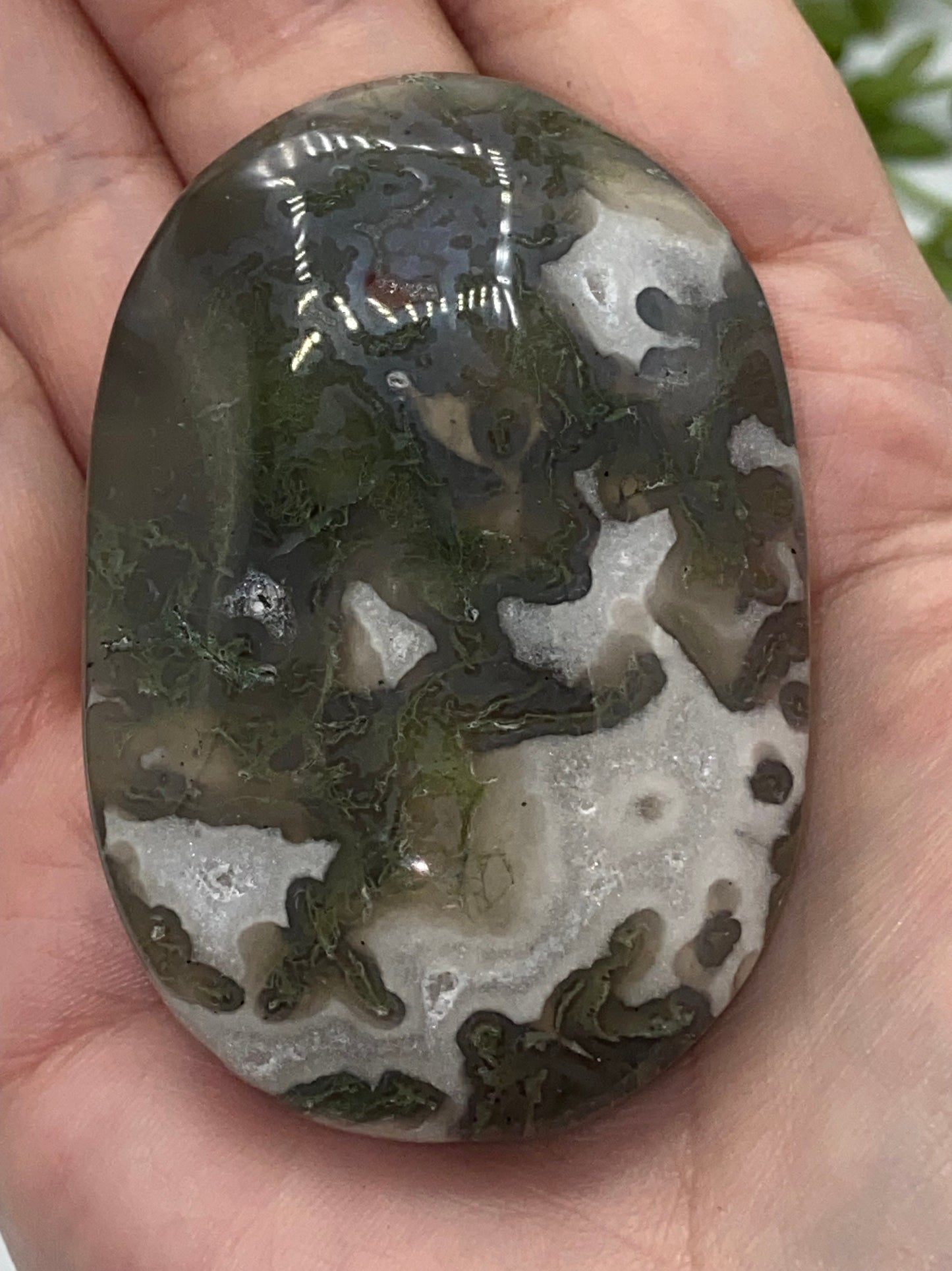 Dark Green Moss Agate Druzy Palm Stone (C) Worry stone, Mocha stone, quartz inclusions