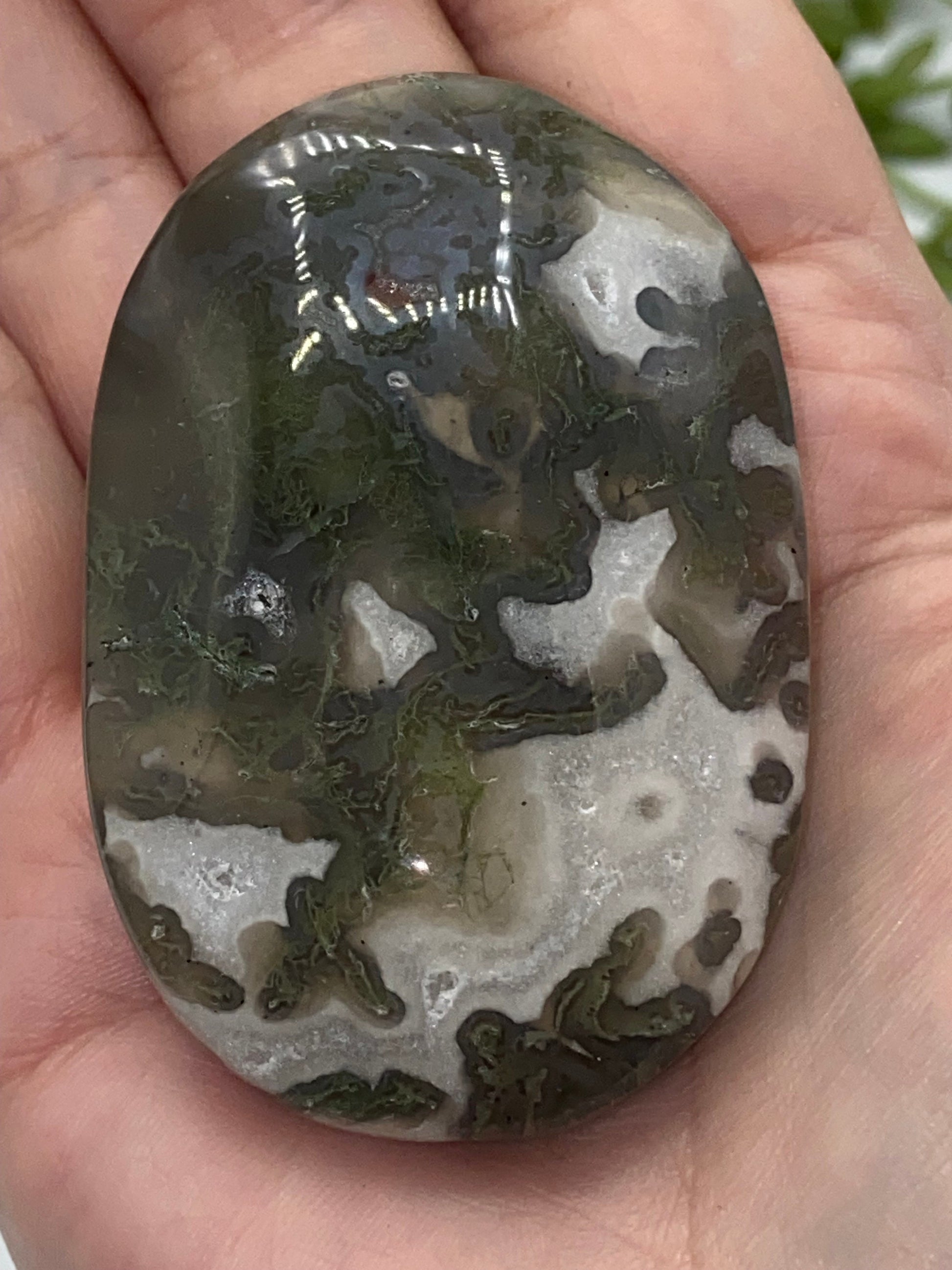 Dark Green Moss Agate Druzy Palm Stone (C) Worry stone, Mocha stone, quartz inclusions