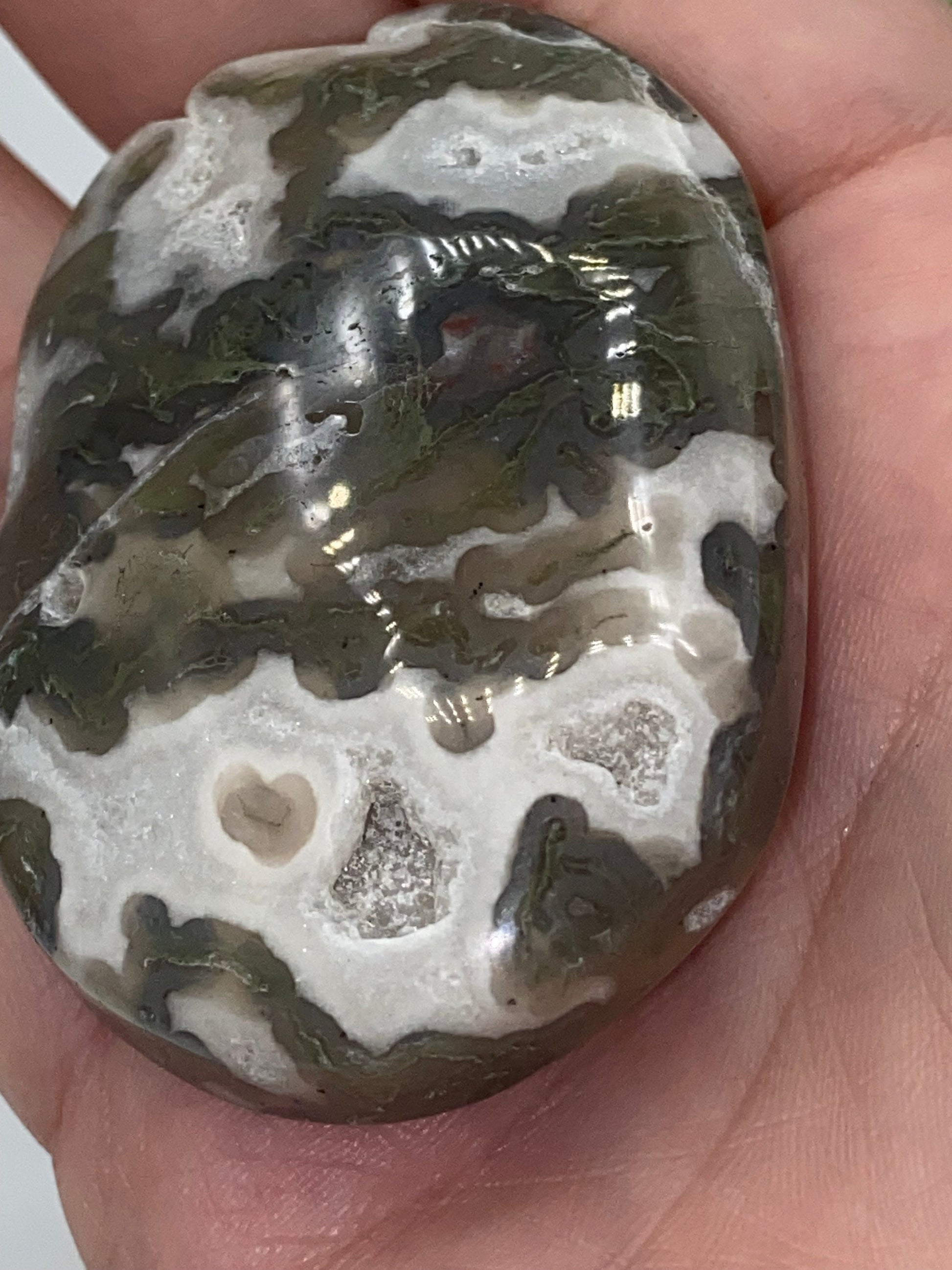 Dark Green Moss Agate Druzy Palm Stone (C) Worry stone, Mocha stone, quartz inclusions