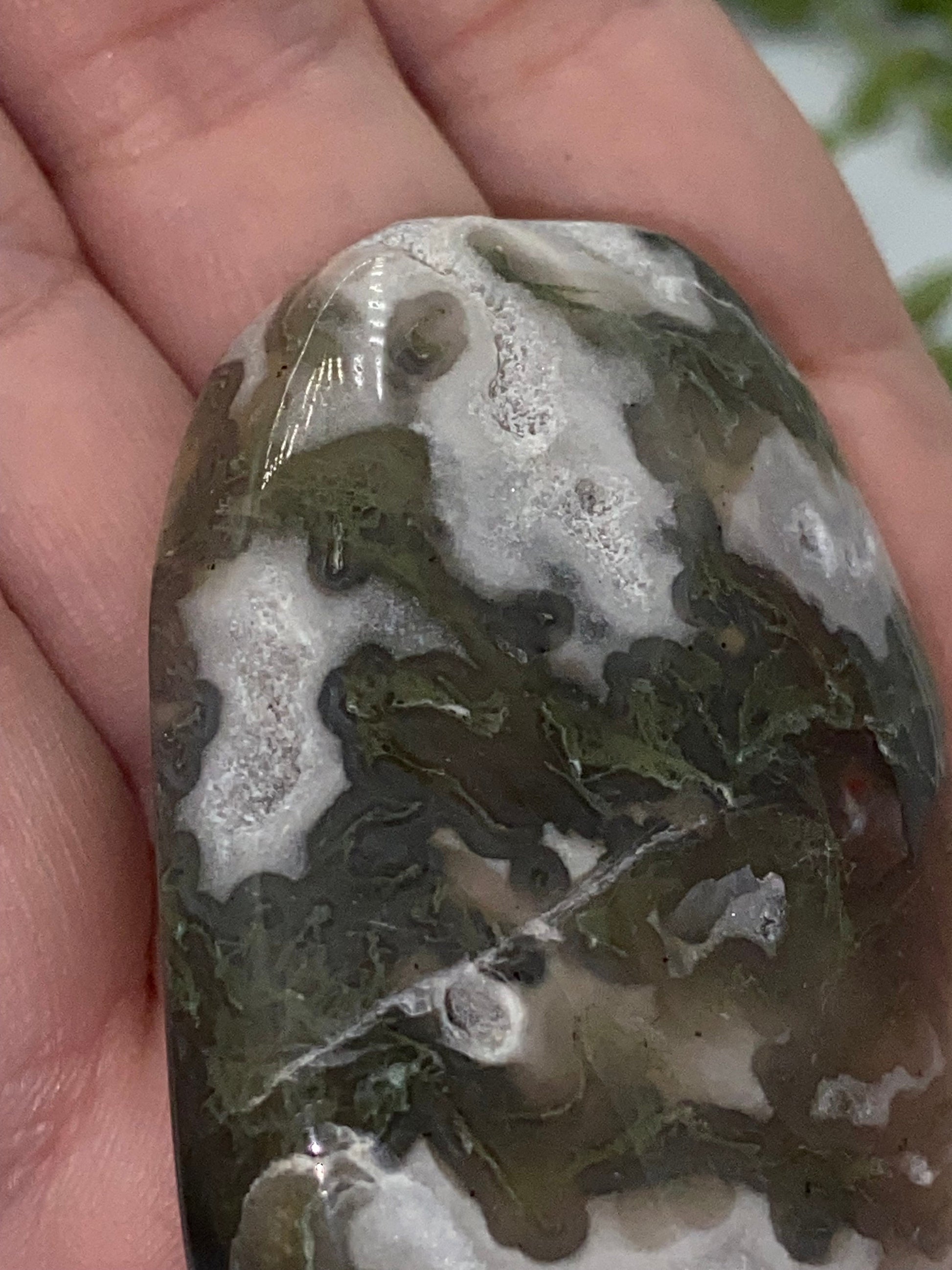 Dark Green Moss Agate Druzy Palm Stone (C) Worry stone, Mocha stone, quartz inclusions