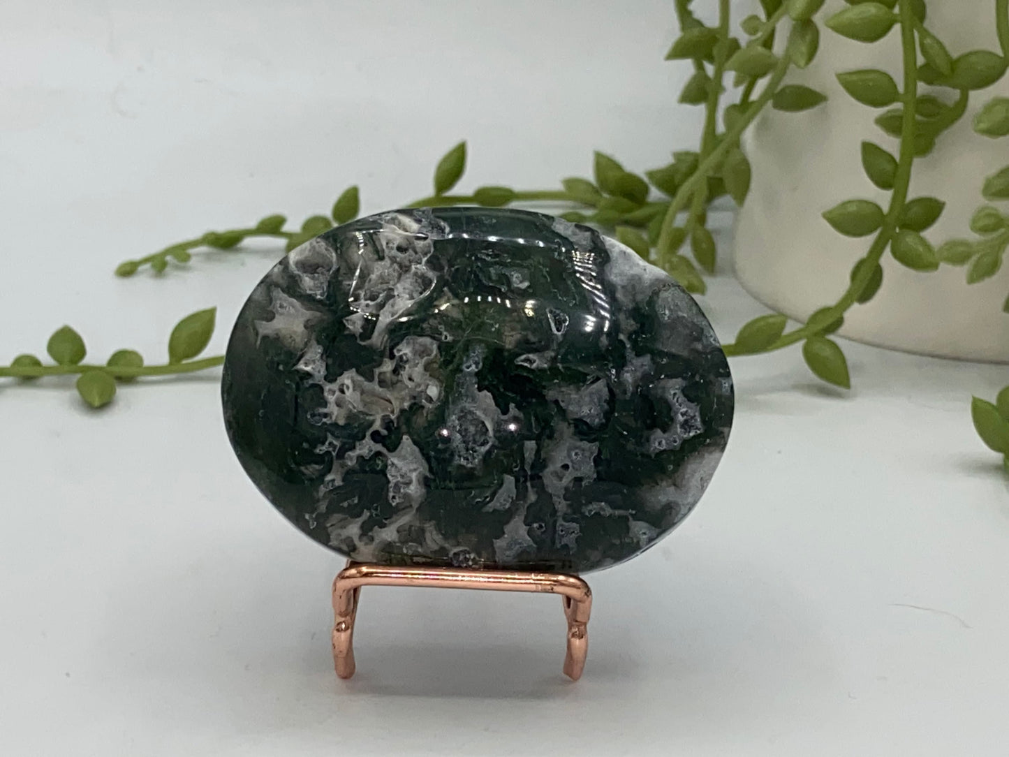 Dark Green Moss Agate Druzy Palm Stone (D) Worry stone, Mocha stone, quartz inclusions