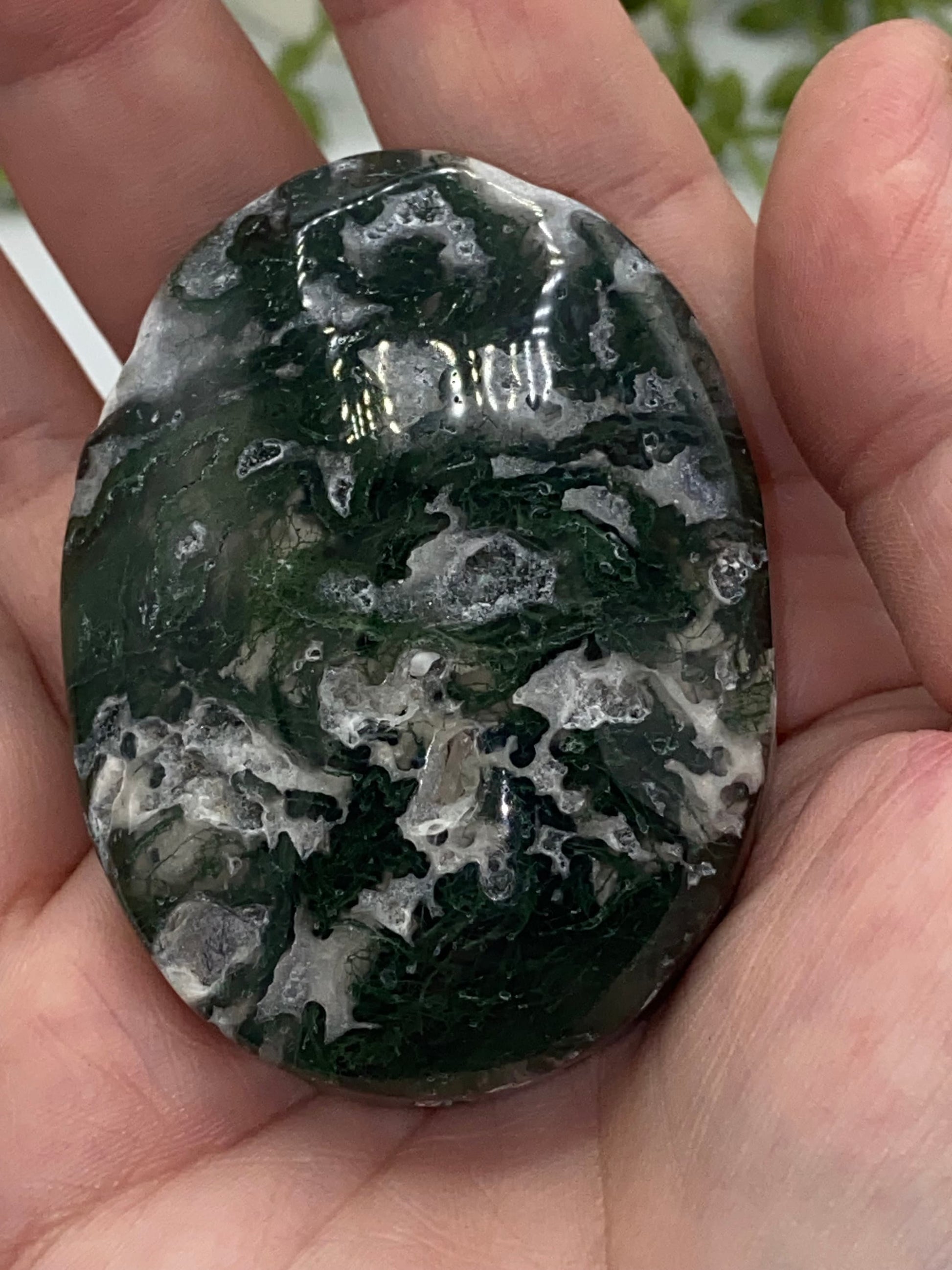 Dark Green Moss Agate Druzy Palm Stone (D) Worry stone, Mocha stone, quartz inclusions