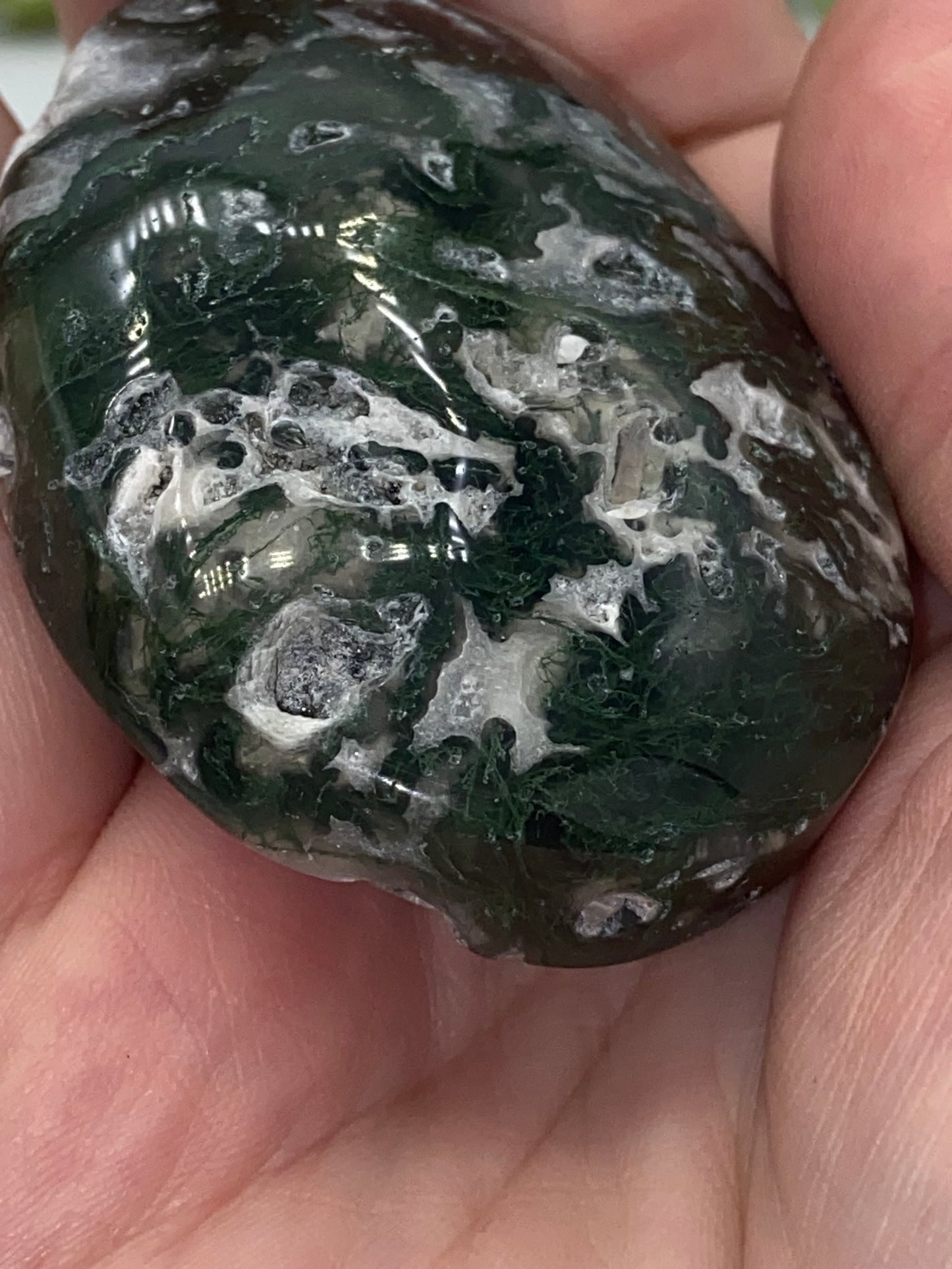 Dark Green Moss Agate Druzy Palm Stone (D) Worry stone, Mocha stone, quartz inclusions