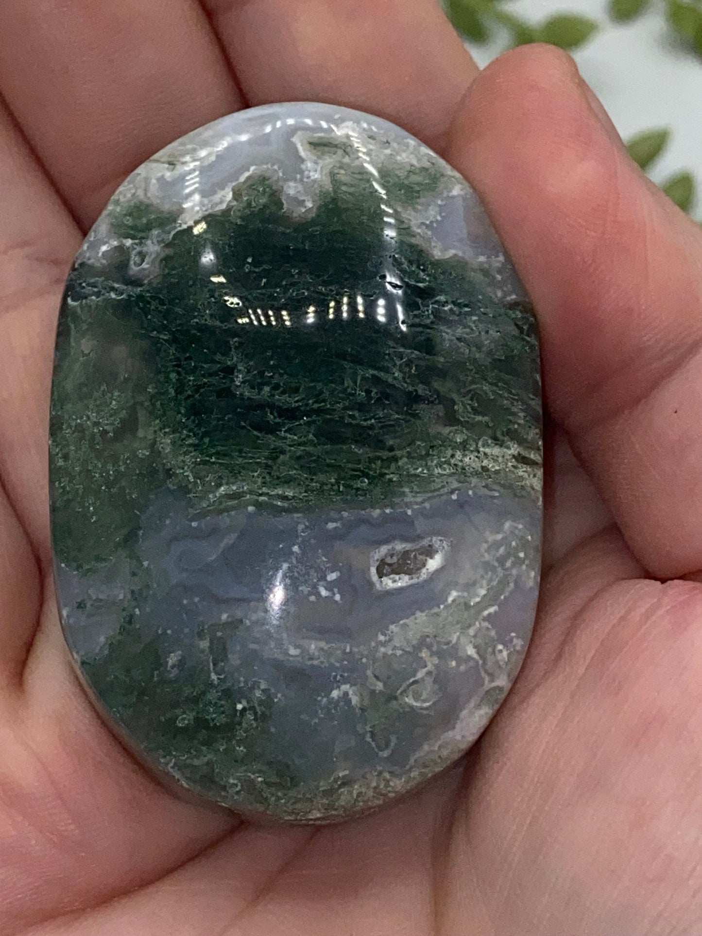 Dark Green Moss Agate Druzy Palm Stone (E) Worry stone, Mocha stone, quartz inclusions