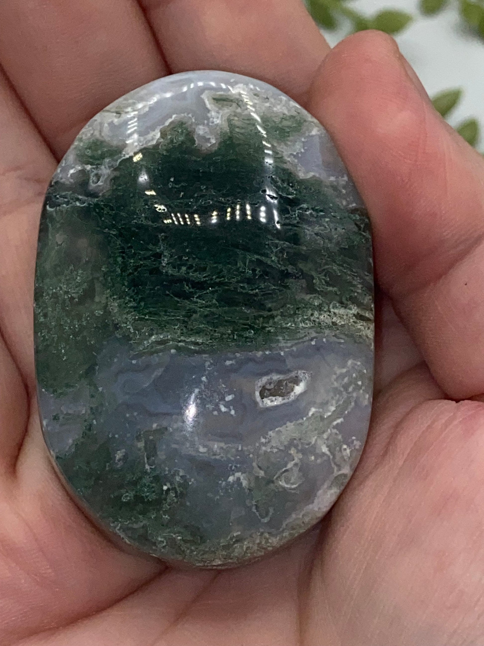 Dark Green Moss Agate Druzy Palm Stone (E) Worry stone, Mocha stone, quartz inclusions