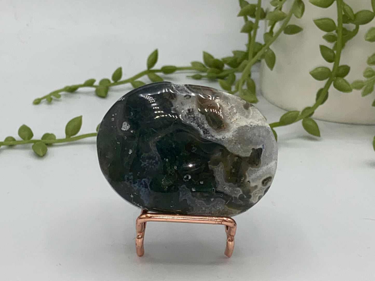 Dark Green Moss Agate Druzy Palm Stone (G) Worry stone, Mocha stone, quartz inclusions