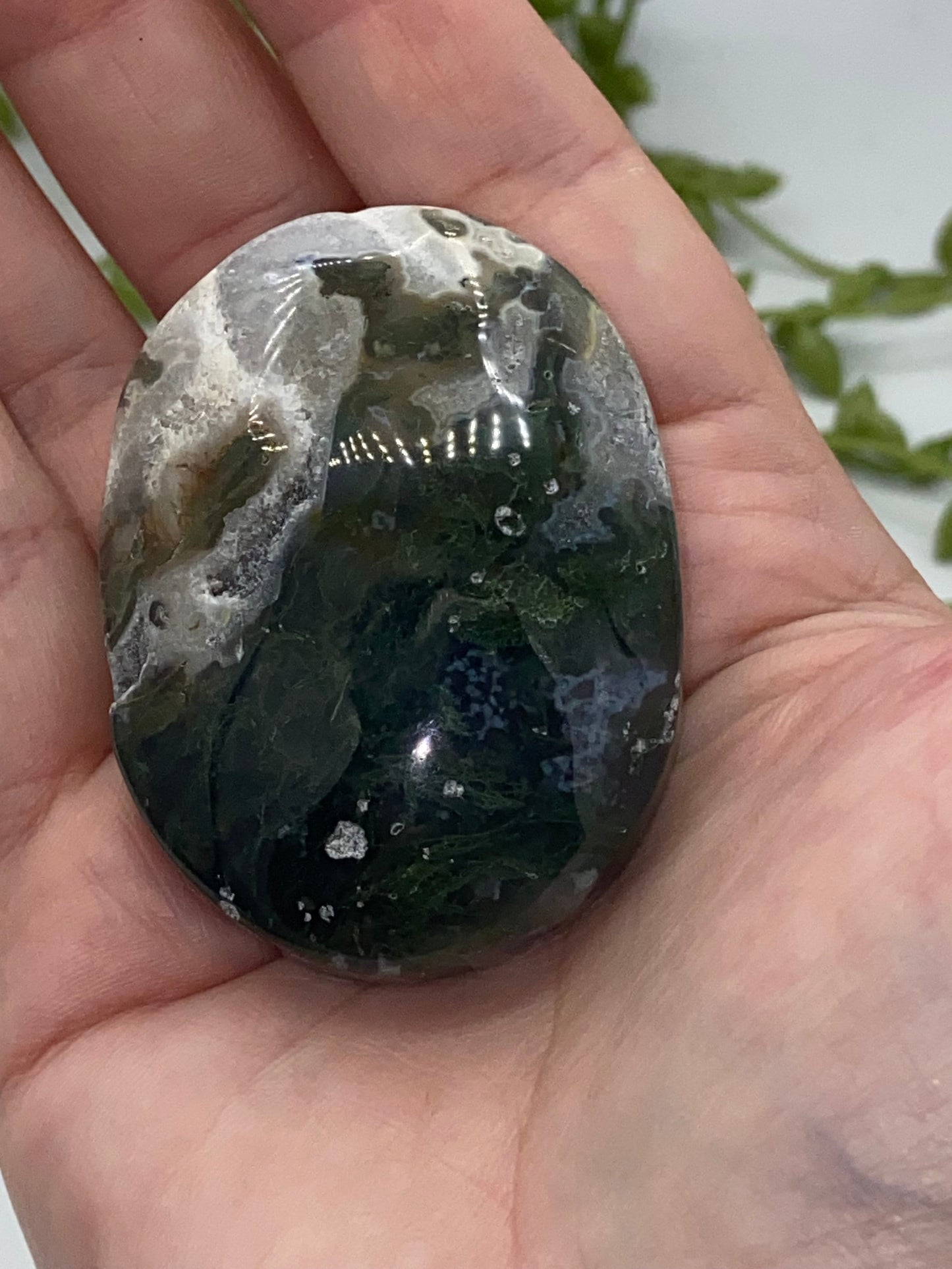 Dark Green Moss Agate Druzy Palm Stone (G) Worry stone, Mocha stone, quartz inclusions