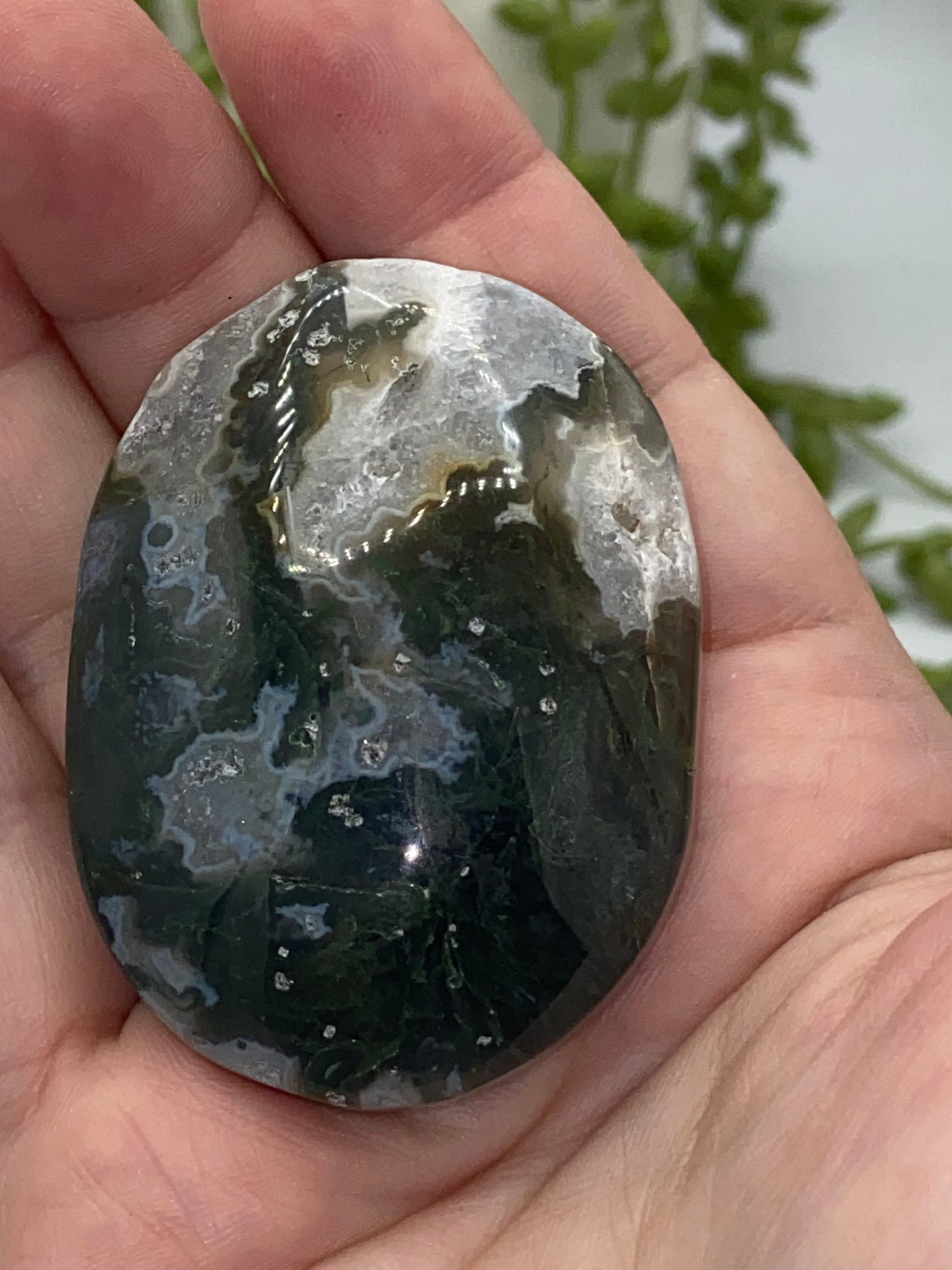 Dark Green Moss Agate Druzy Palm Stone (G) Worry stone, Mocha stone, quartz inclusions