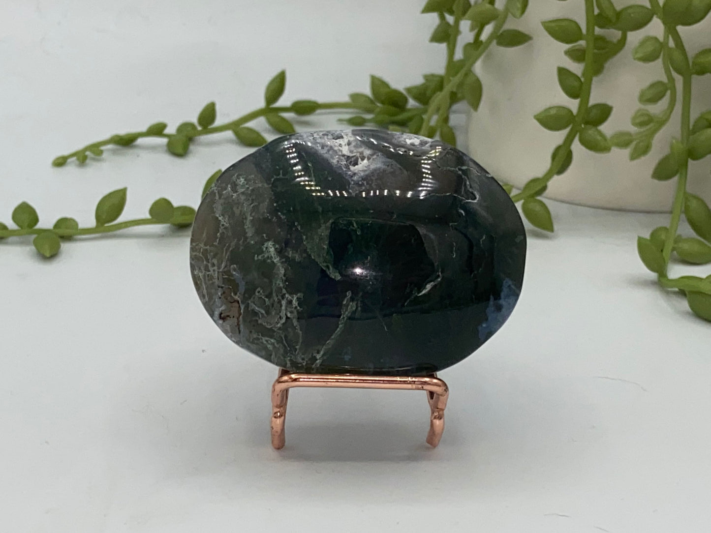 Dark Green Moss Agate Druzy Palm Stone (H) Worry stone, Mocha stone, quartz inclusions