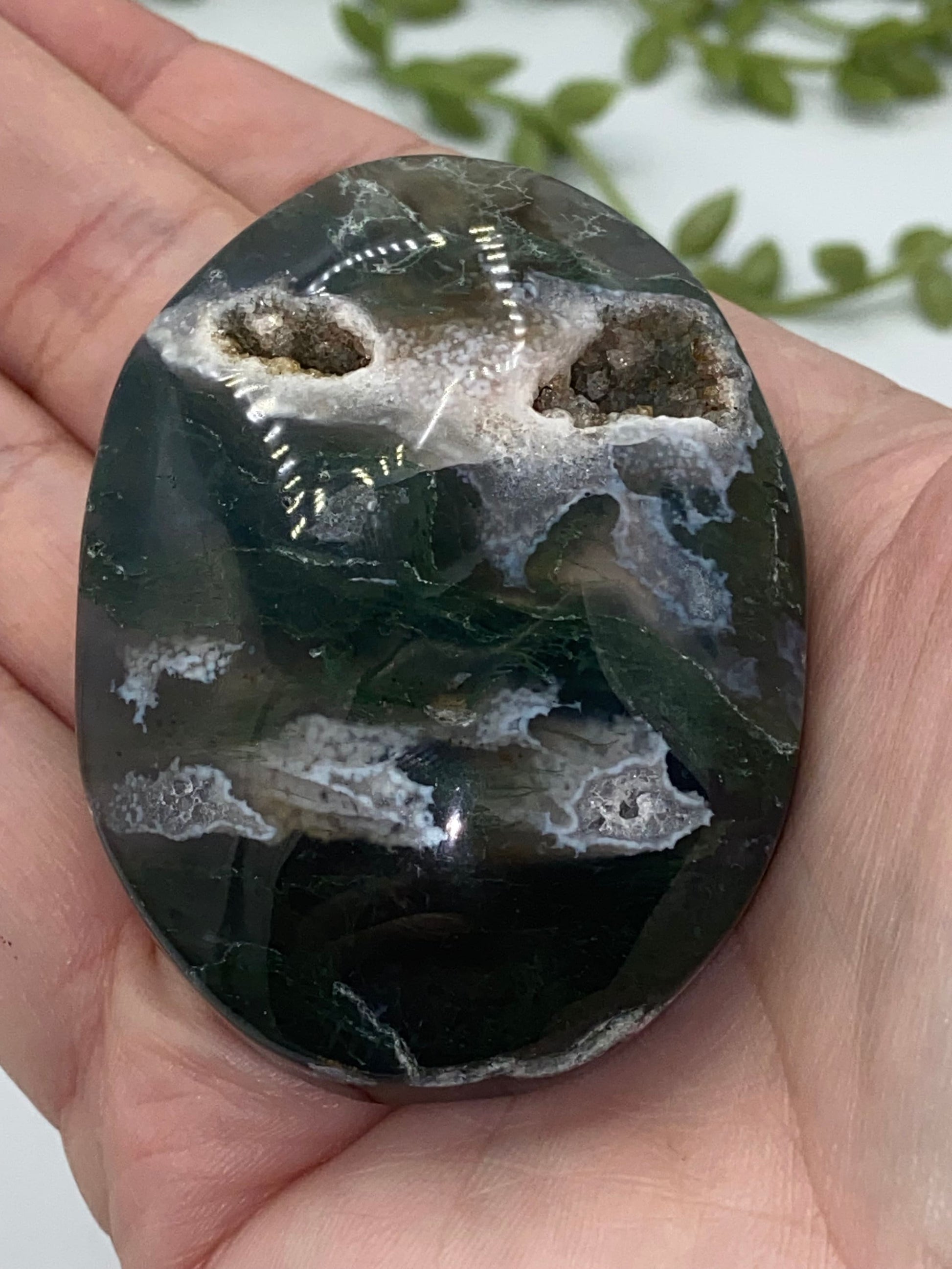 Dark Green Moss Agate Druzy Palm Stone (H) Worry stone, Mocha stone, quartz inclusions