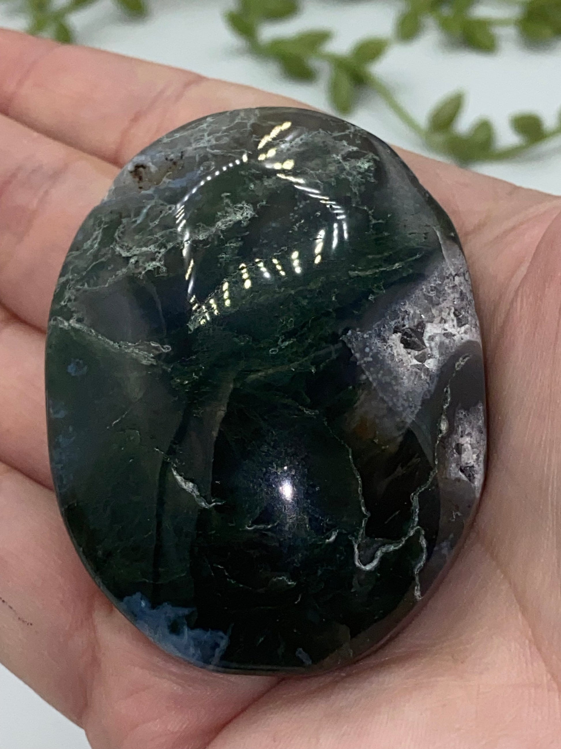 Dark Green Moss Agate Druzy Palm Stone (H) Worry stone, Mocha stone, quartz inclusions