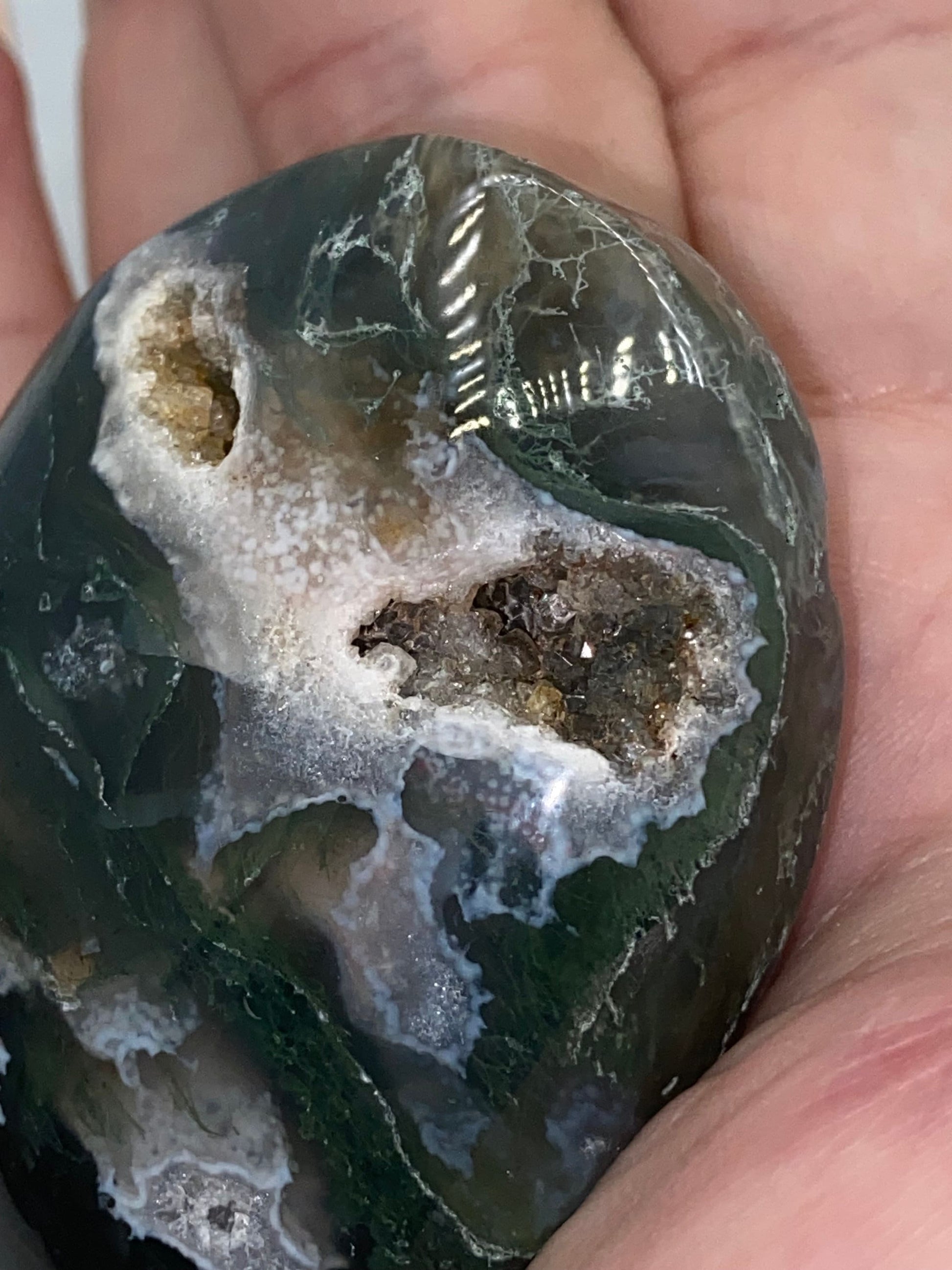 Dark Green Moss Agate Druzy Palm Stone (H) Worry stone, Mocha stone, quartz inclusions