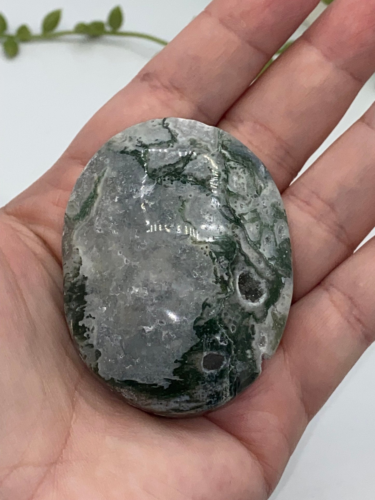 Light White With Green Moss Agate Druzy Palm Stone (A) Worry stone, Mocha stone, quartz inclusions