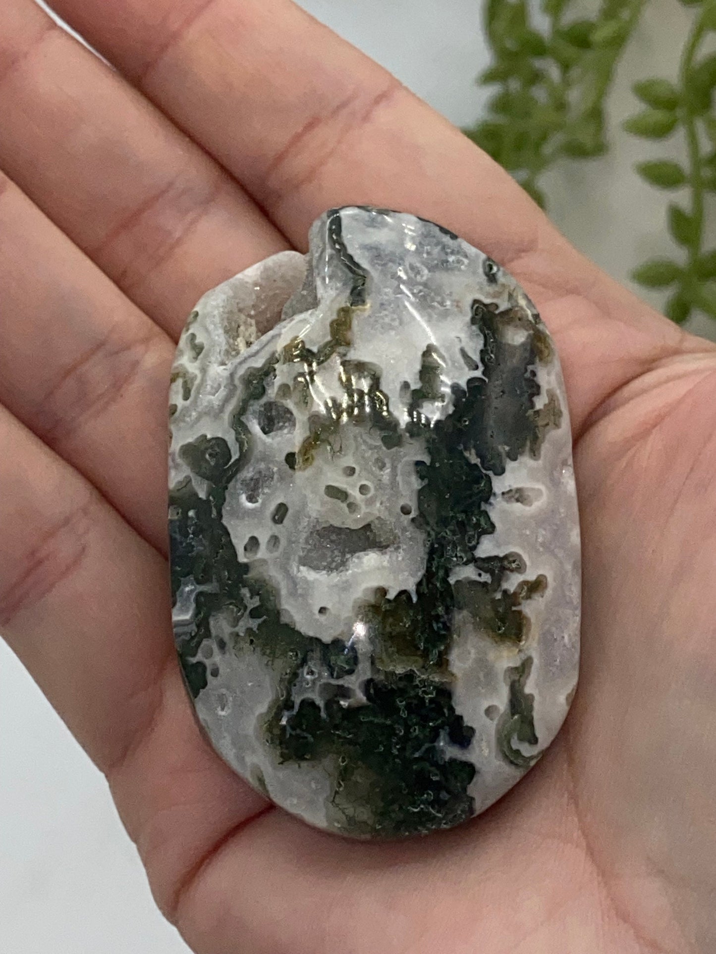 Light White With Green Moss Agate Druzy Palm Stone (B) Worry stone, Mocha stone, quartz inclusions