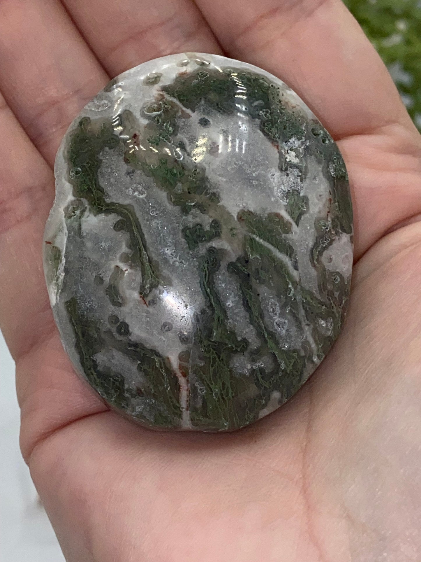 Light White With Green Moss Agate Druzy Palm Stone (C) Worry stone, Mocha stone, quartz inclusions