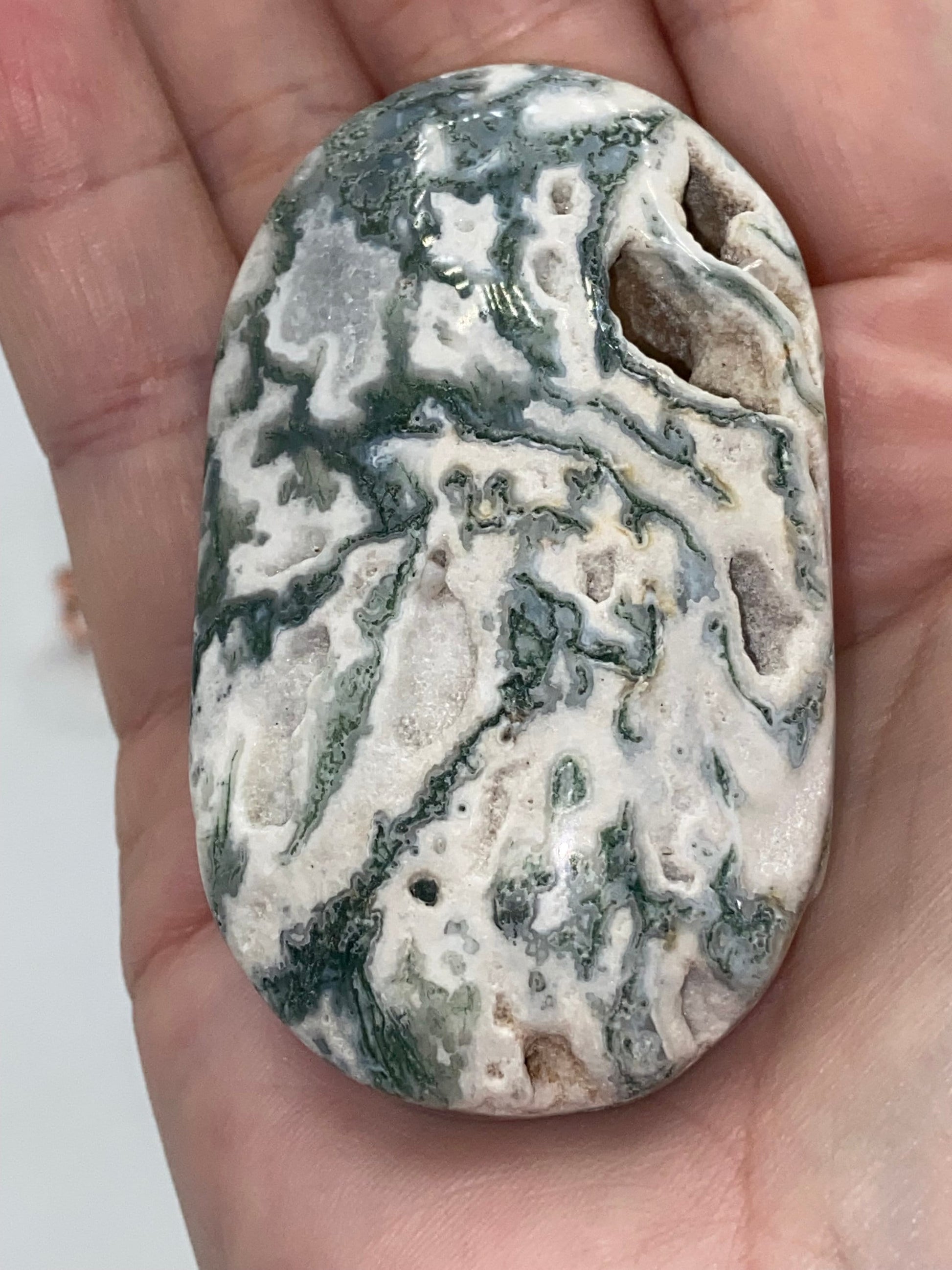 Light White With Green Moss Agate Druzy Palm Stone (E) Worry stone, Mocha stone, quartz inclusions