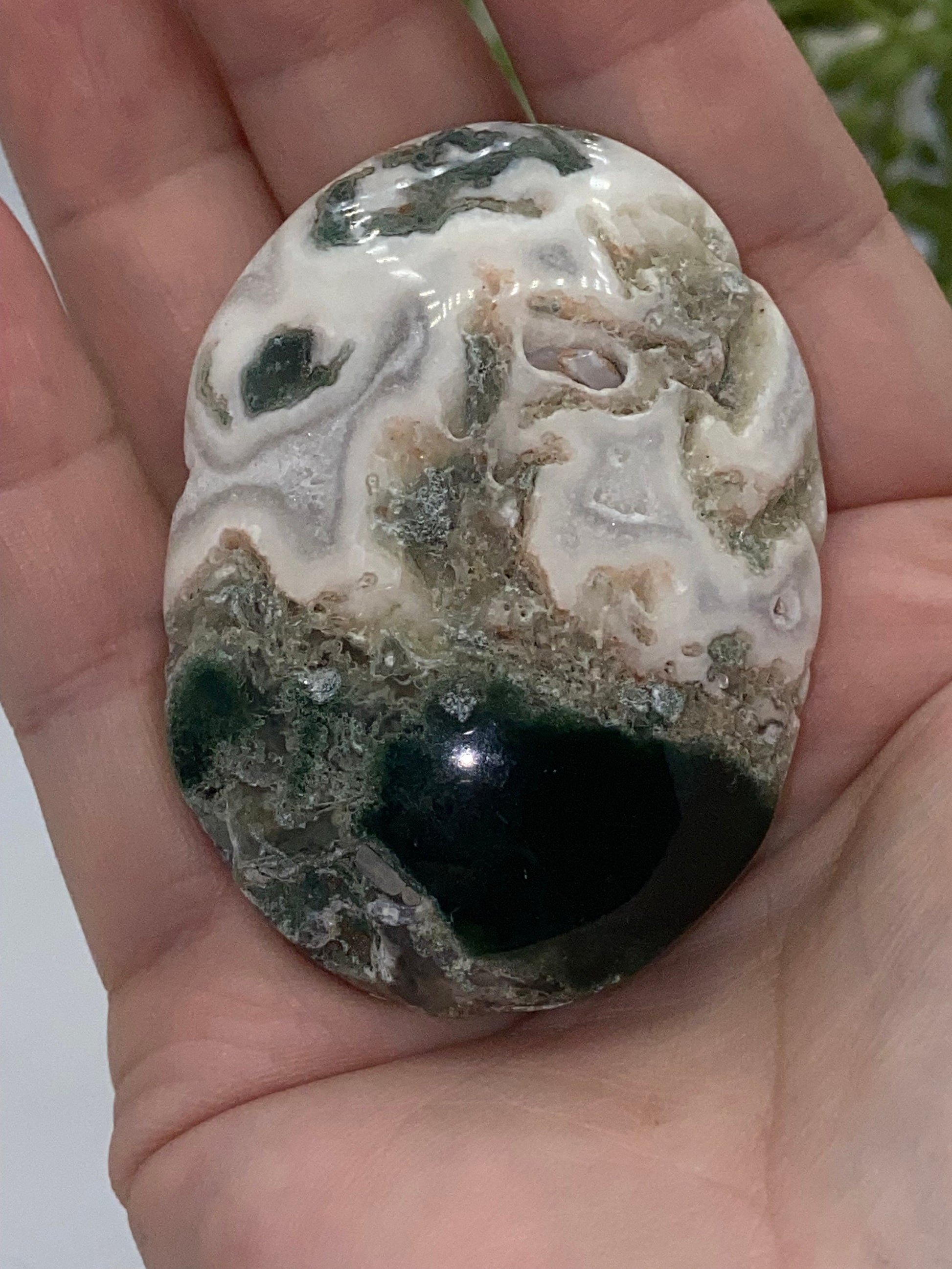 Light White With Green Moss Agate Druzy Palm Stone (F) Worry stone, Mocha stone, quartz inclusions