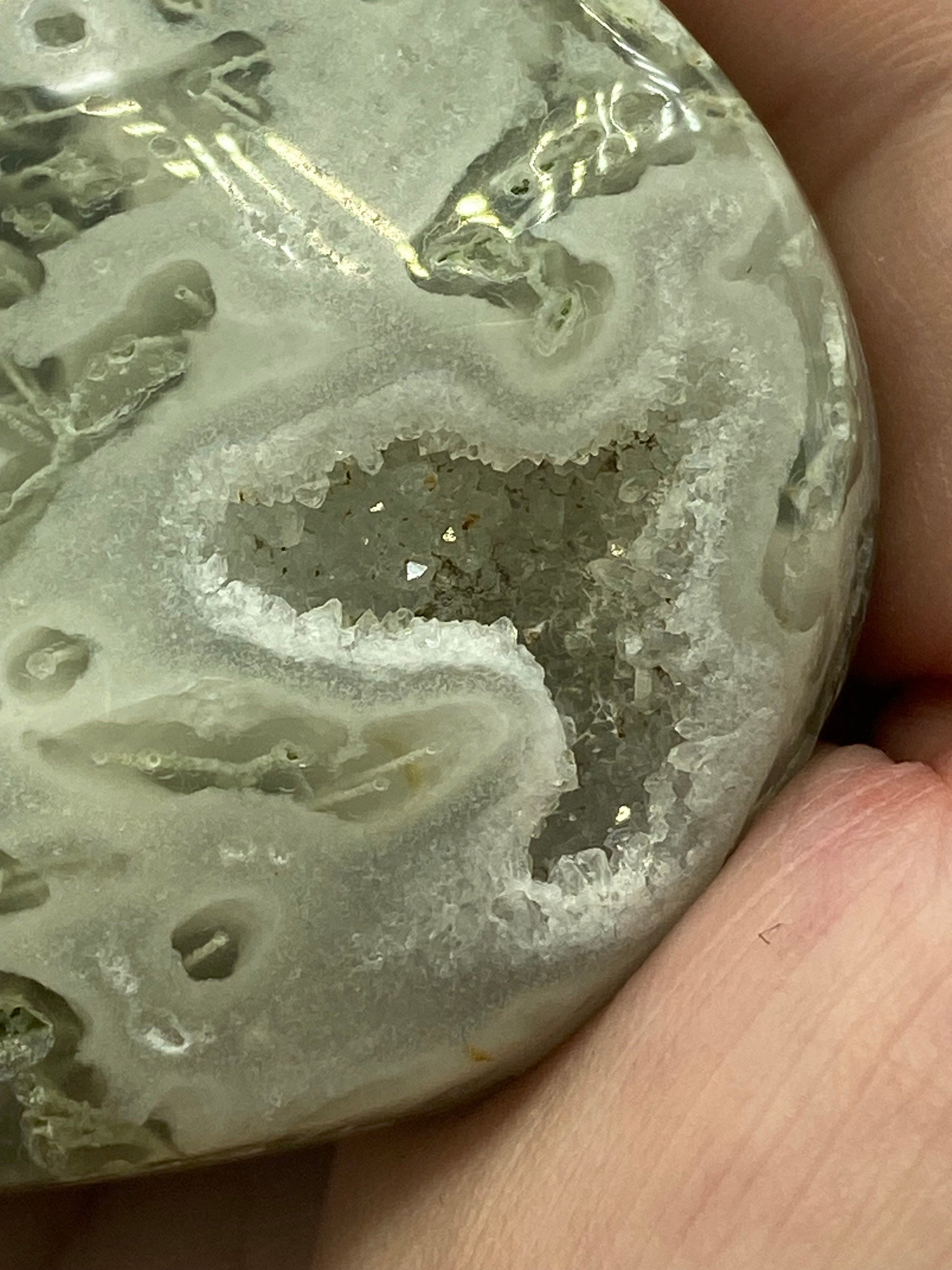 Light White With Green Moss Agate Druzy Palm Stone (H) Worry stone, Mocha stone, quartz inclusions