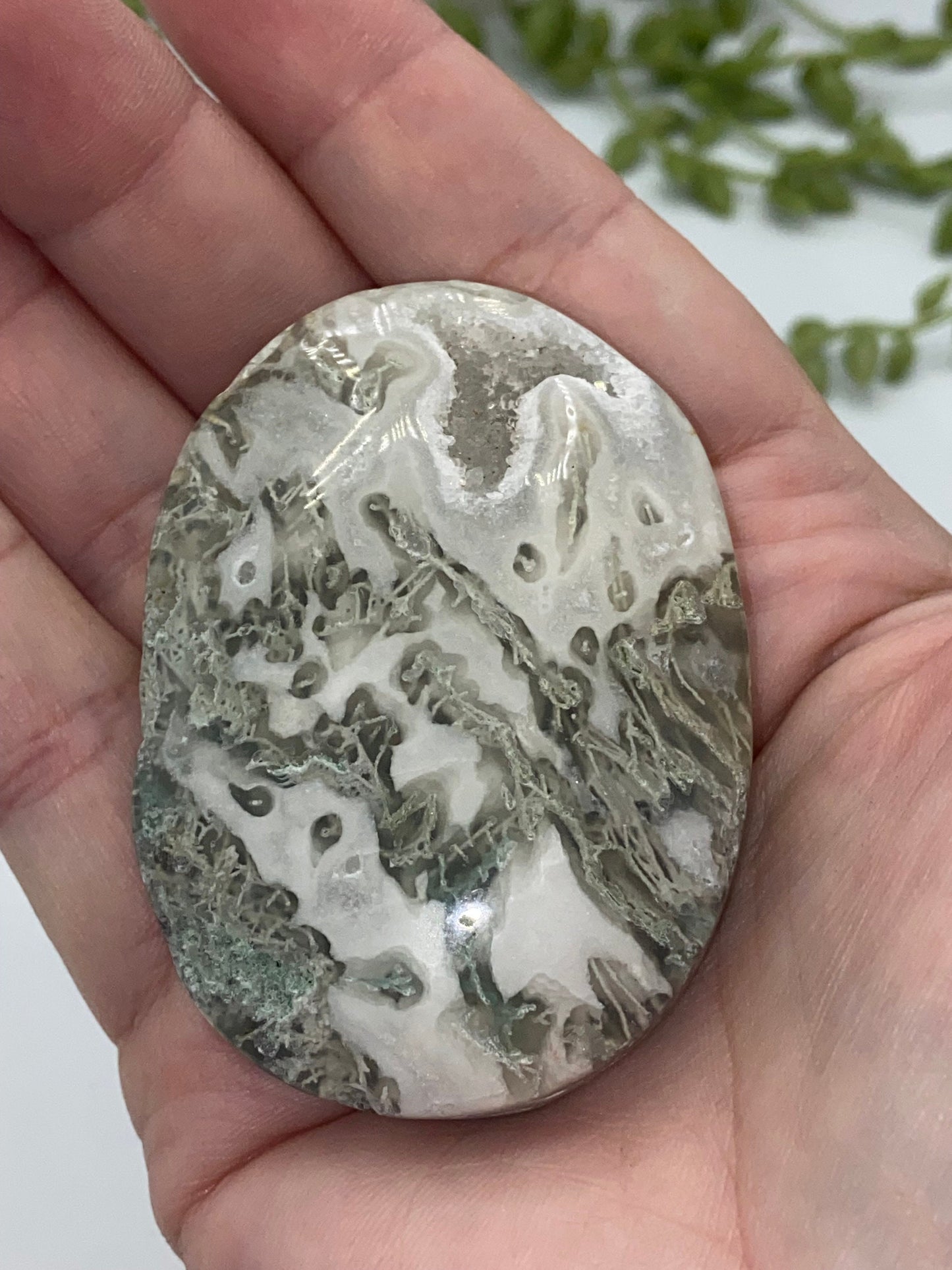 Light White With Green Moss Agate Druzy Palm Stone (H) Worry stone, Mocha stone, quartz inclusions