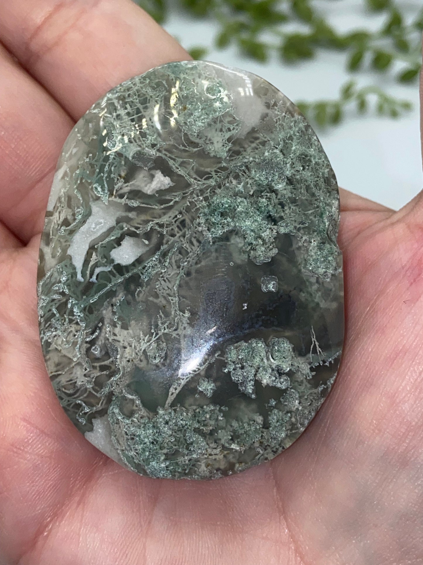 Light White With Green Moss Agate Druzy Palm Stone (H) Worry stone, Mocha stone, quartz inclusions